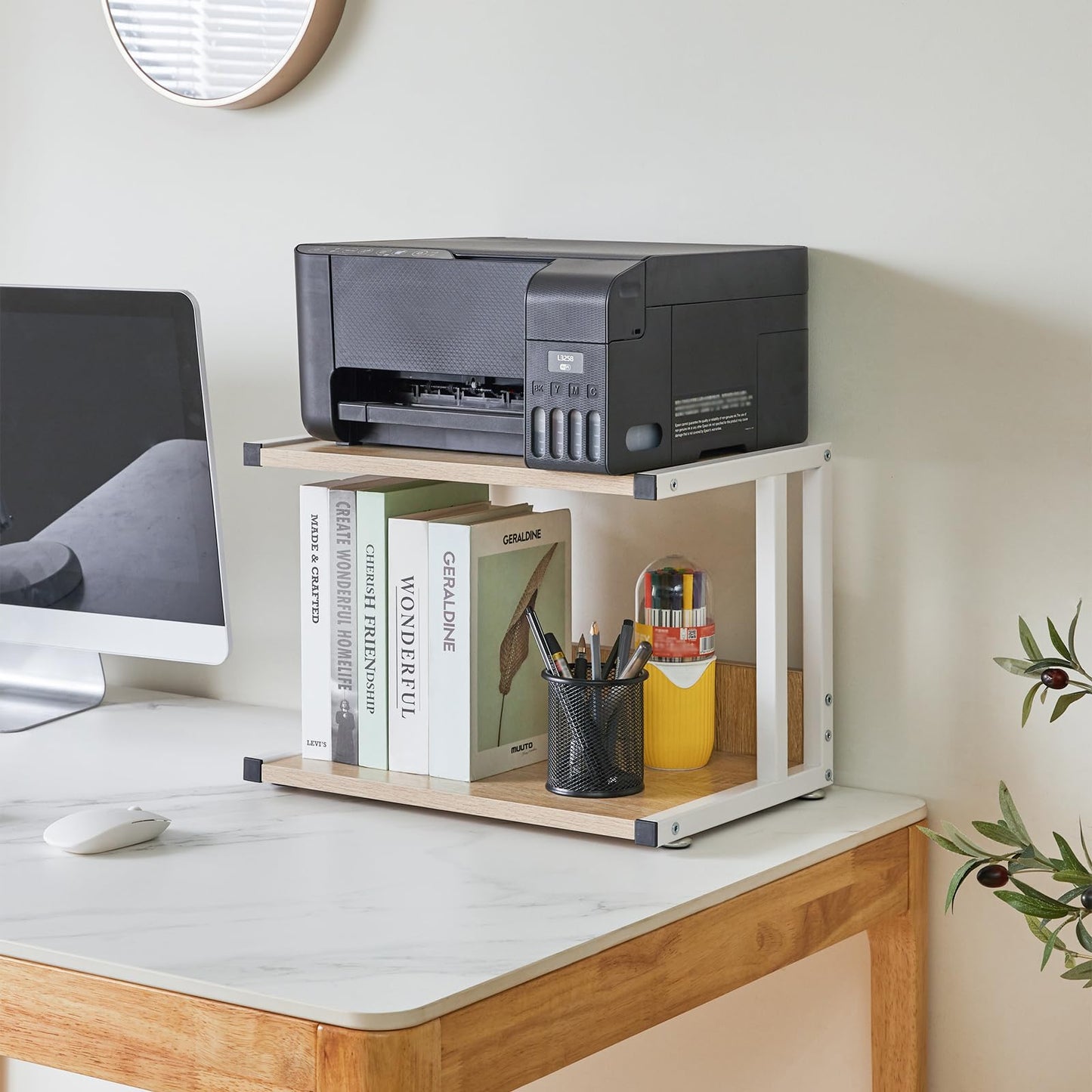 IBUYKE Under Desk Printer Stand,2 Tier Printer Cart,Mobile Home Desktop Organizer Shelf with 4 Wheels,for Fax, Home Office Use TLJ007R