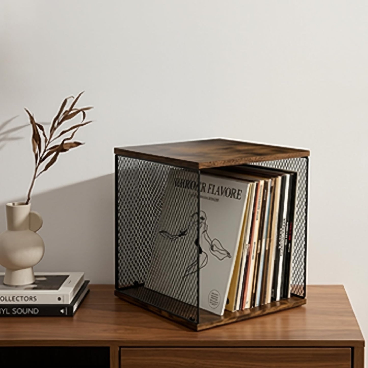 Kryntex 3 Pack Vinyl Record Storage Cubes Stackable Wooden LP Album Holder Crates Fits 120-150 Records