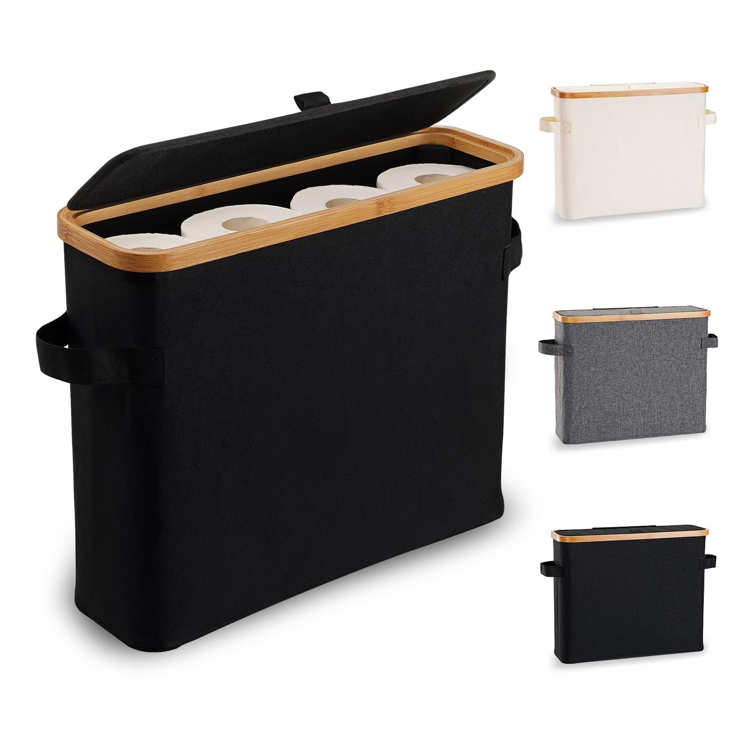 Toilet Roll Holder Storage Stand, Toilet Roll Storage Basket with Lid Cover, Bamboo Toilet Roll Paper Storage Holder Organiser Free Standing Box Unit