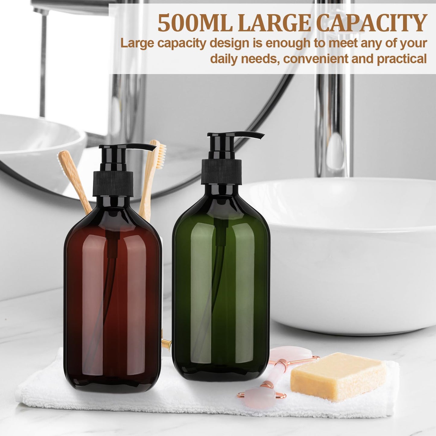 KroY PecoeD 4-Piece Pump Dispenser Set, 500ml Empty Plastic Soap Dispenser with Labels, Refillable Shampoo & Conditioner Bottles with Pump for Lotion