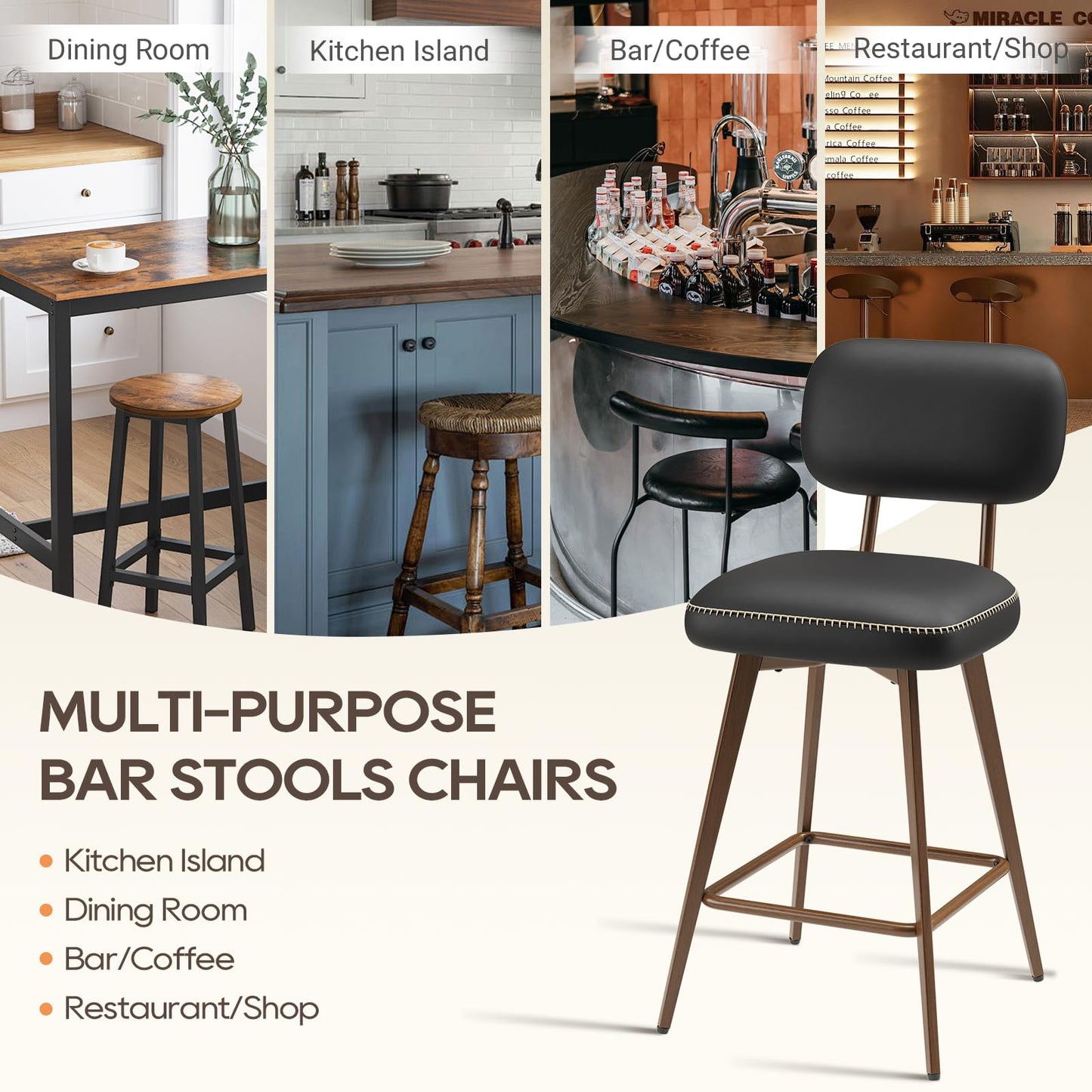 MALOL PU Leather Breakfast Bar Stools Set of 2, Swivel Kitchen Bar Chairs with Backrest and Metal Legs