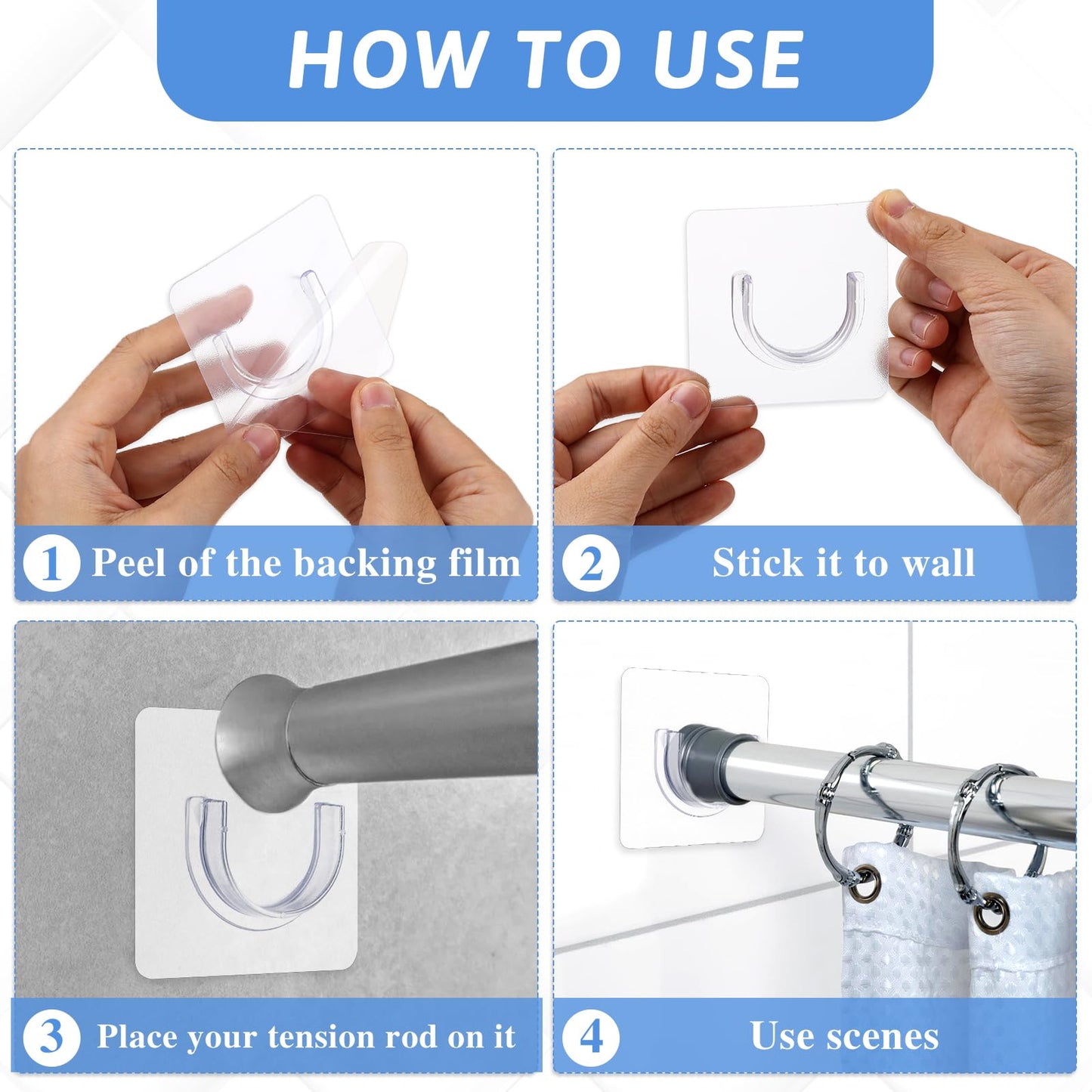 Molain 4Pcs Adhesive Shower Curtain Rod Holder, No Drilling Transparent Shower Rod Holder Invisible Wall Mount Holder Shower Rod Retainer Tension