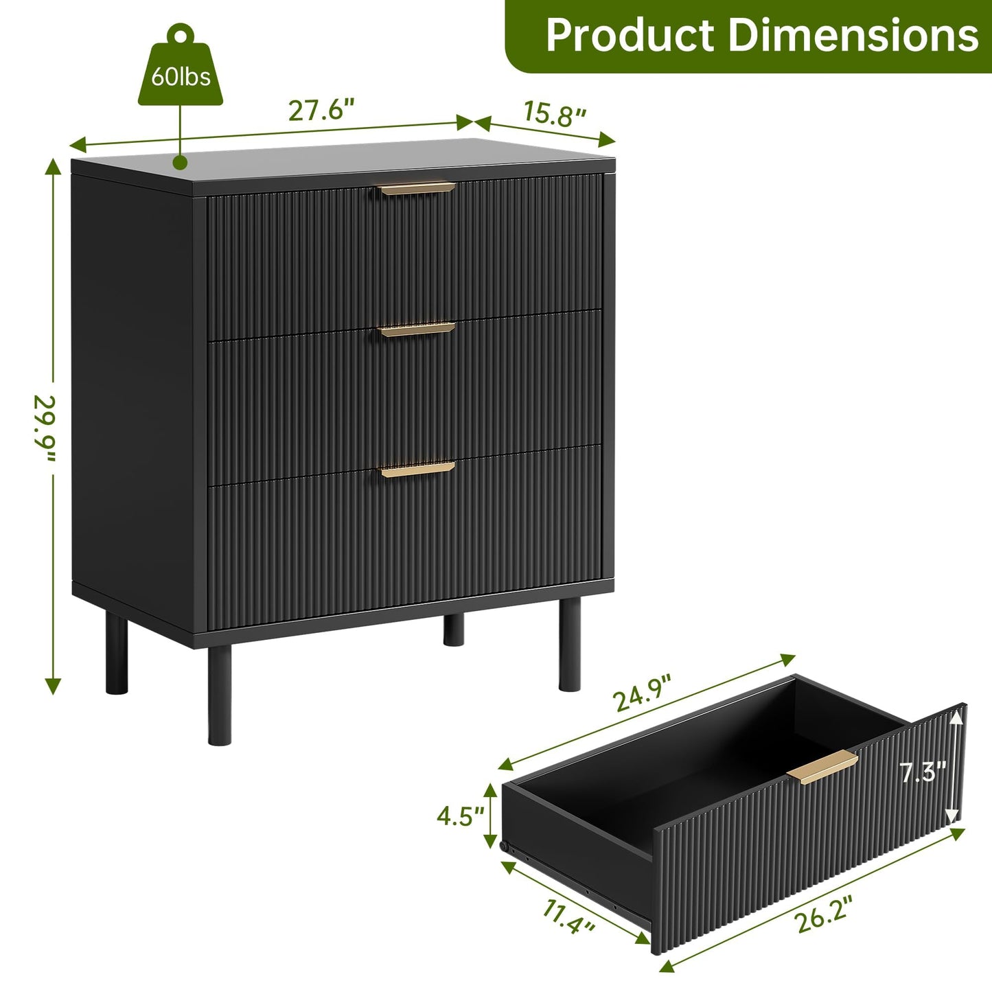 Chest of Drawers, Fluted Dresser for Bedroom with 3 Drawers, Metal Legs & Handles