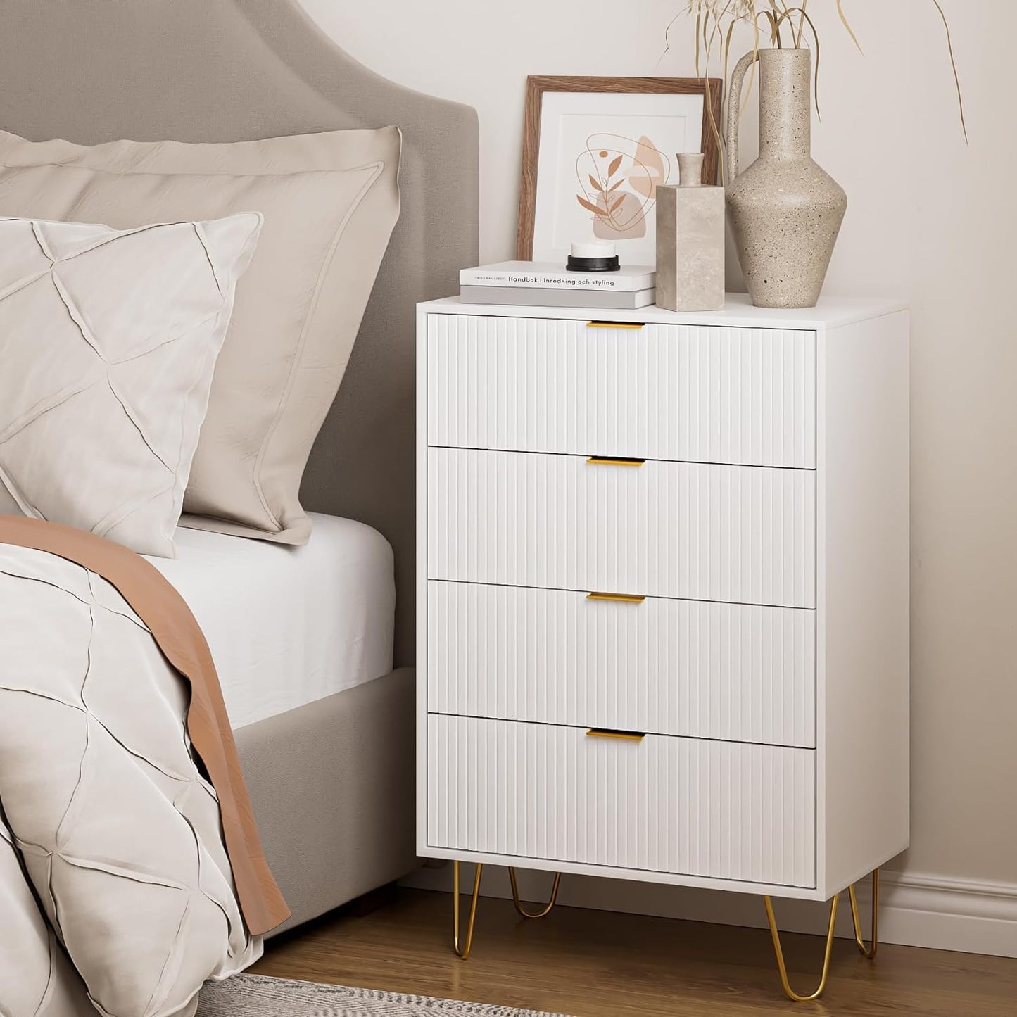 HEYZOEY White Chest of 4 Drawers for Bedroom, 60x34x91cm, Wood Storage Dresser Bedroom Furniture Cabinet for Living Room,Office,Lounge,White