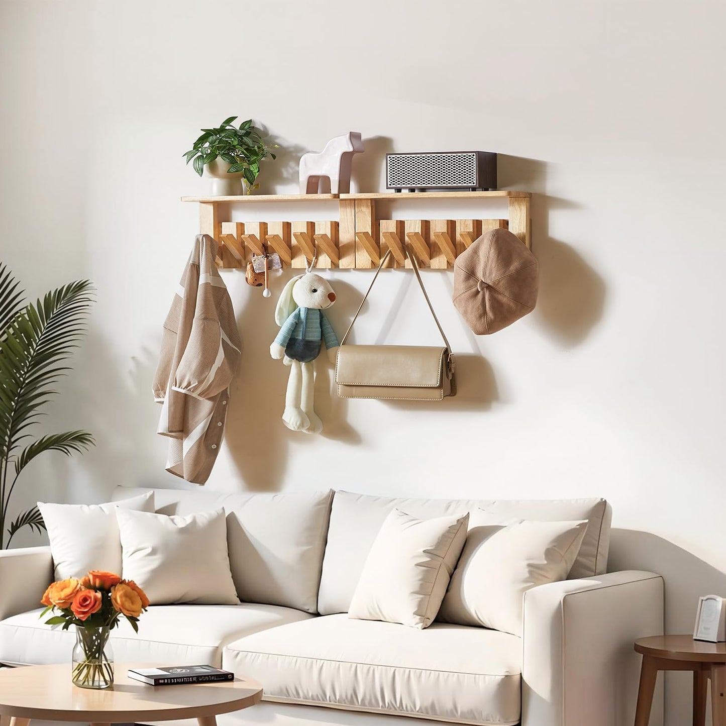 YMYNY Piano Key Coat Hooks Wall Mounted with Shelf, Natural, HWS008N-2