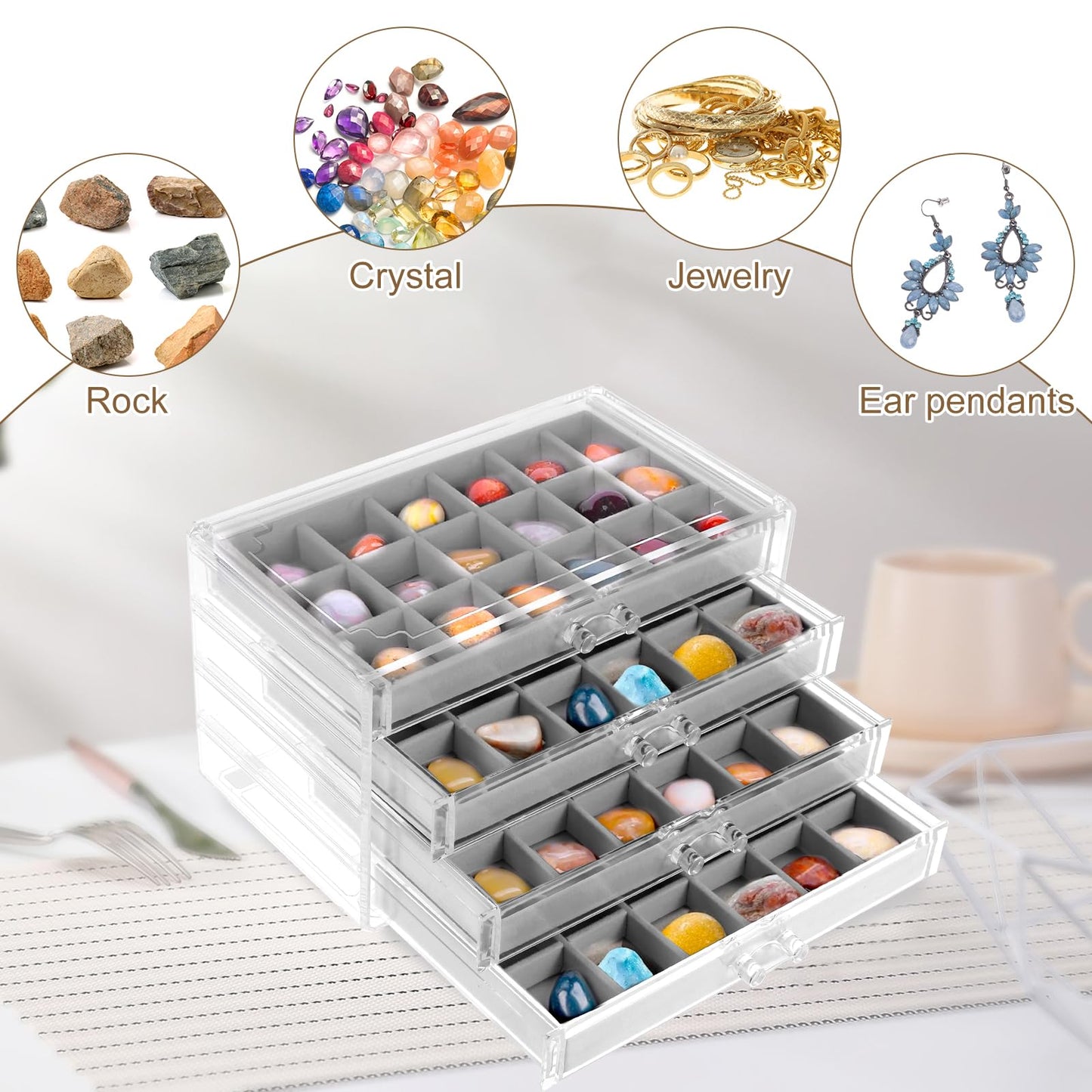 Gatphy Rock Display Case, 4 Drawers Rock Collection Box 72 Grids Rocks Collection Display Case Acrylic Jewelry Box Clear Gemstone Crystals Storage