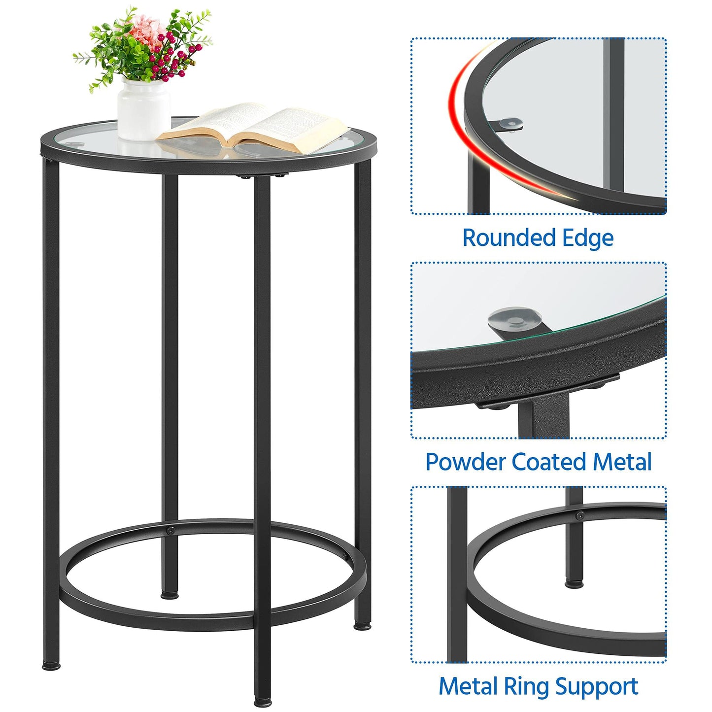 Yaheetech Round Glass Side Table with Metal Frame, Black