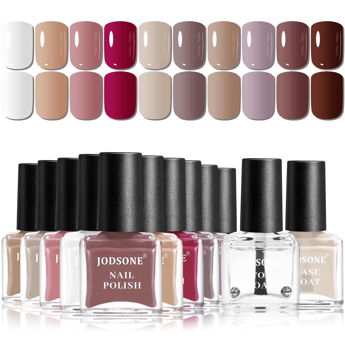 JODSONE 12 PCS Nail Polish Set 10 Color With 2PCS Base and Top Coat Quick Drying Fall Nude Brown Chocolate Red Color HolidayGift for Her