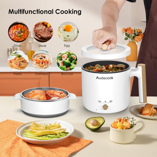 Audecook Electric Hot Pot with Steamer, 1.8L Portable Mini Travel Cooker, Multifunctional Non-Stick Electric Skillet for Stir Fry/Stew/Steam, Perfect