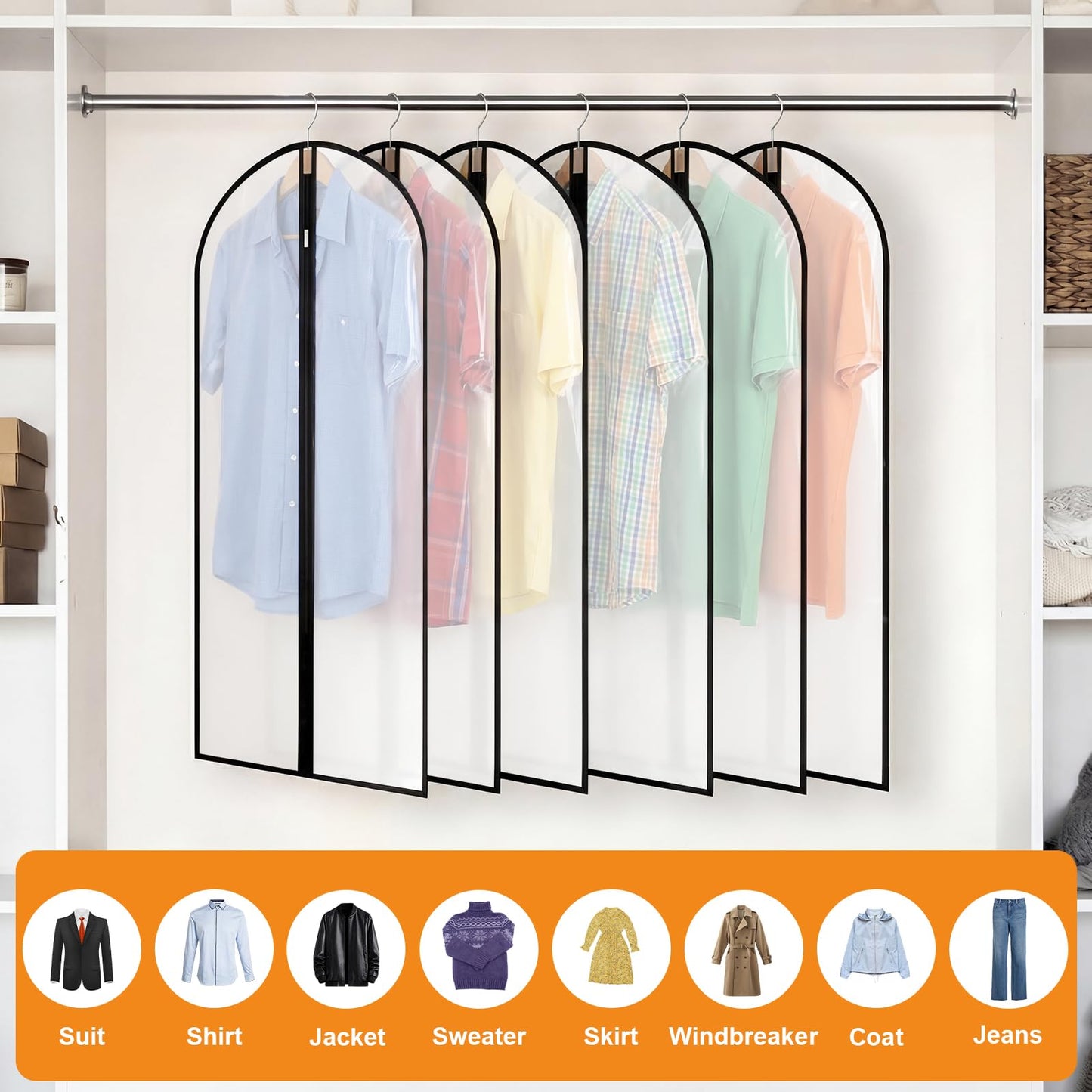 6 Pack Garment Bags, 40in PEVA Suit Bags Clothes Covers, Black Edge