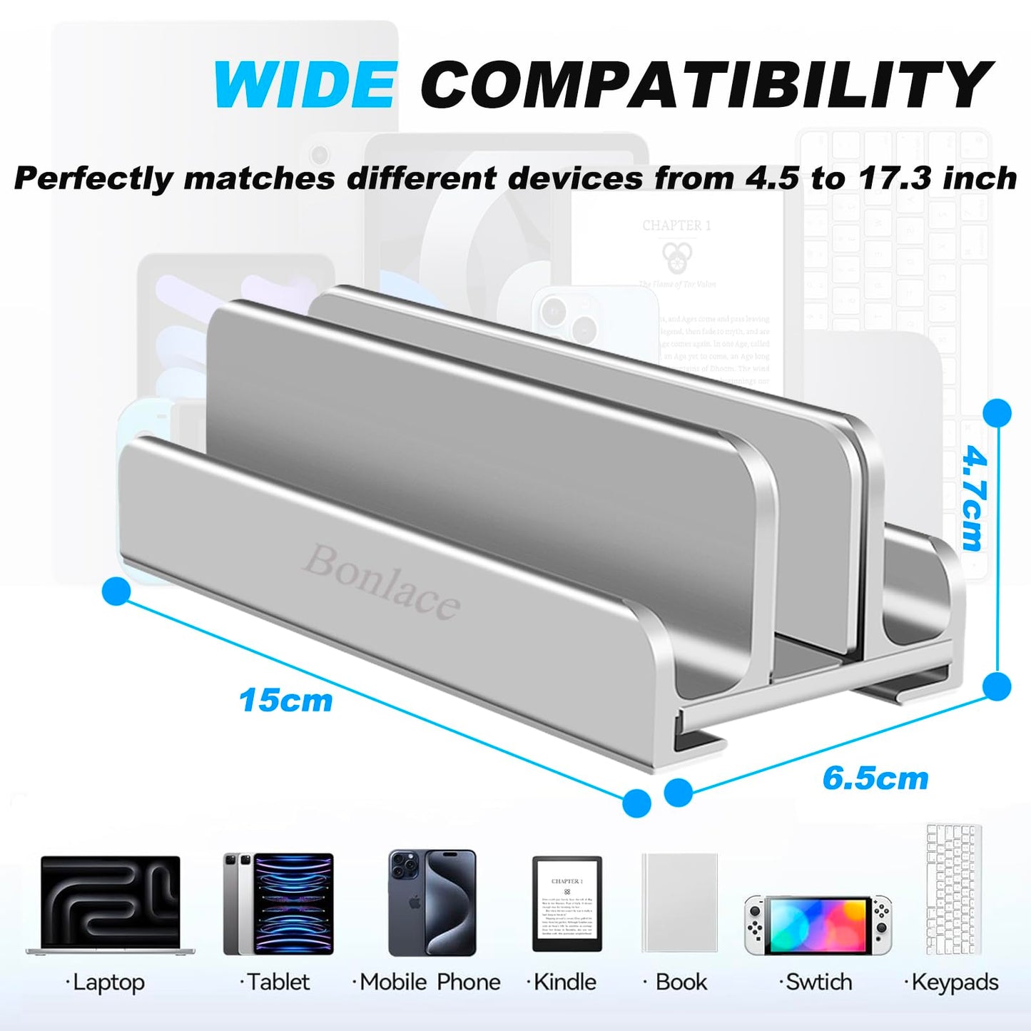 Bonlace Vertical Laptop Stand Aluminium Laptop Stand Space Saving Laptop Holder with Thermal Base for Laptops Tablets (Silver)