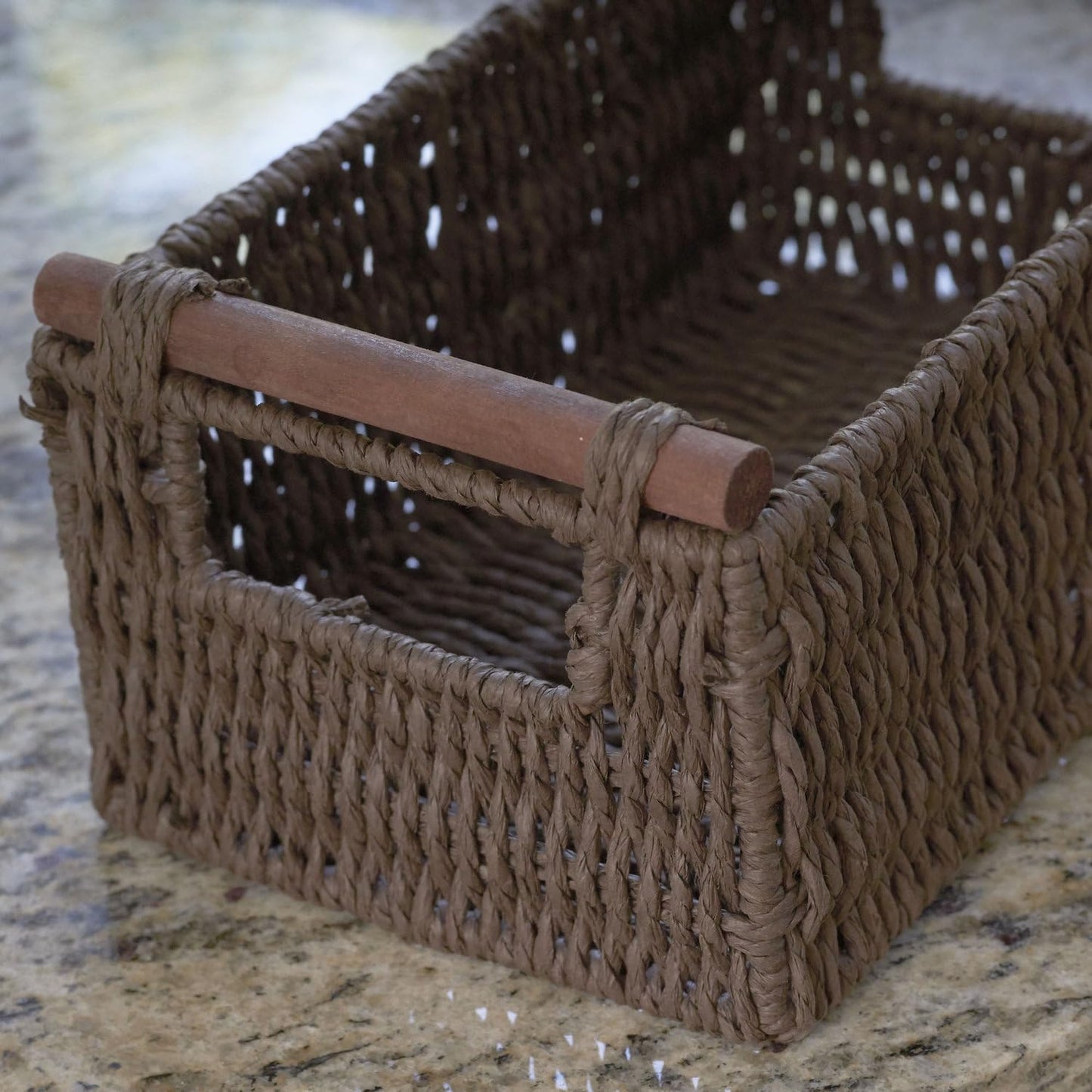 Household Essentials ML-7050 Paper Rope Wicker Storage Baskets with Wood Handles | Set of 3 | Dark Brown Stain