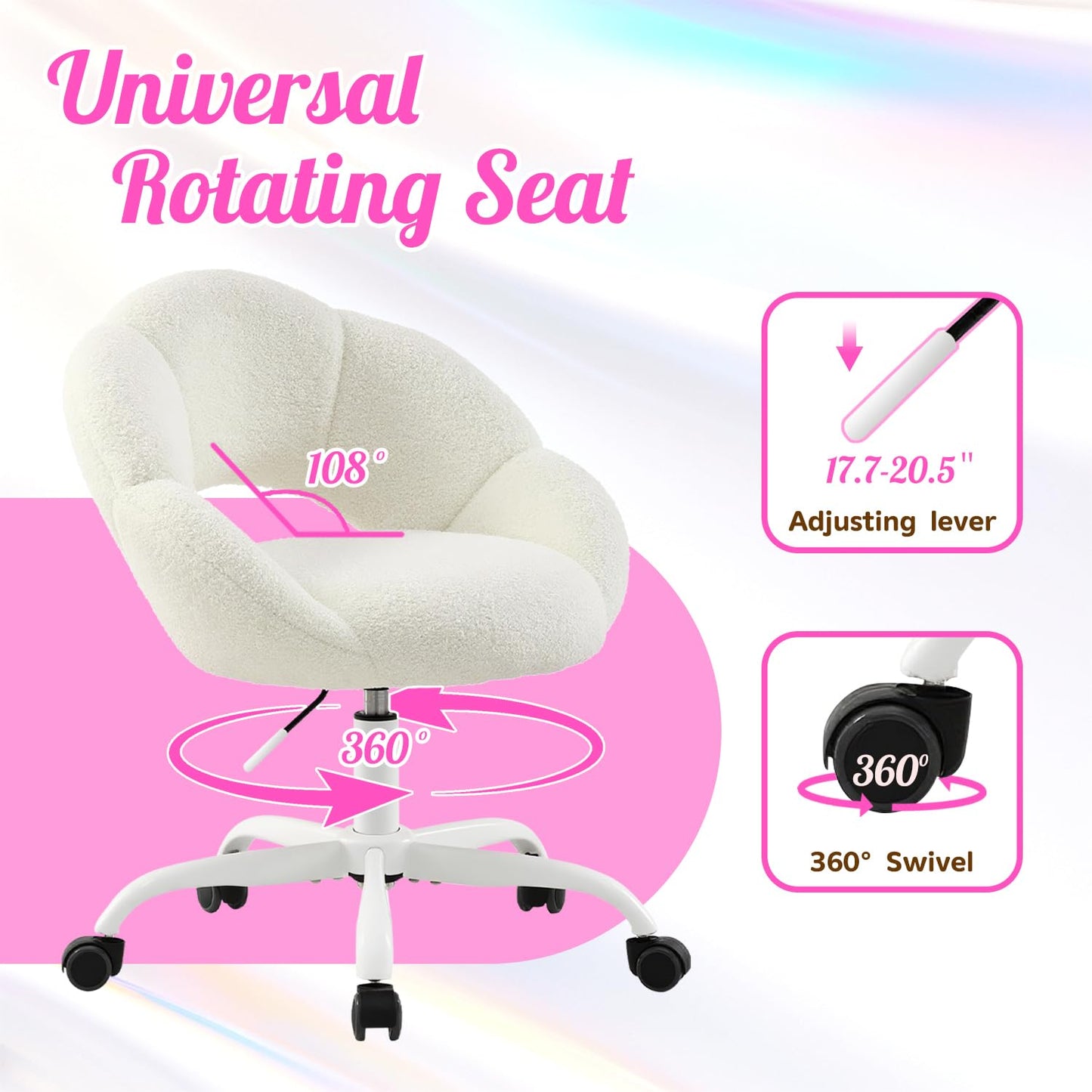 SUPPNEED Desk Chair, Home Office Chair, Swivel Chair, Office Chair, Height Adjustable, Dressing Table Chair in Flower Shape, Teddy Desk Chair