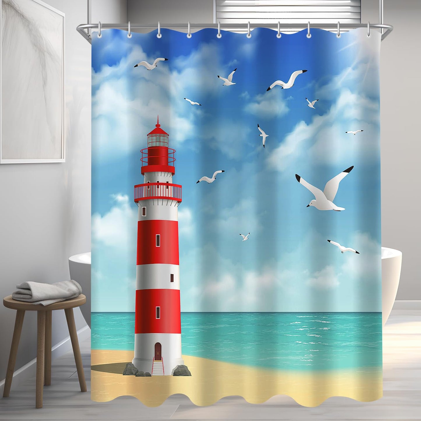 Lerores Shower Curtain, 120 x 200 cm, Lighthouse, Weighted Hem, Anti-Mould, Water-Repellent, Washable Polyester Bath Curtains with 8 Eyelets and