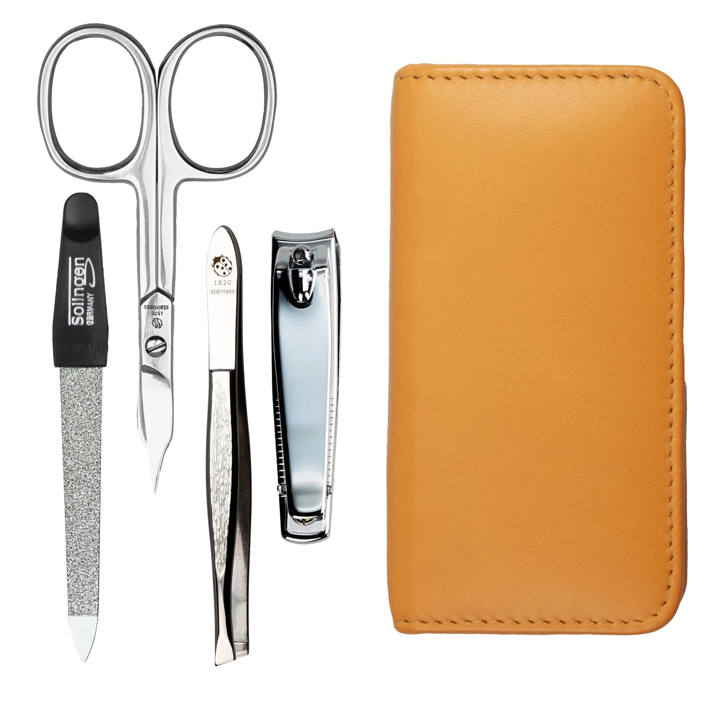 SONNENSCHEIN by Hans Kniebes Manicure Set 4-Piece Travel Case - Nail Scissors,Nail Clippers,Nail File and Tweezers - Case Made of Genuine Nappa