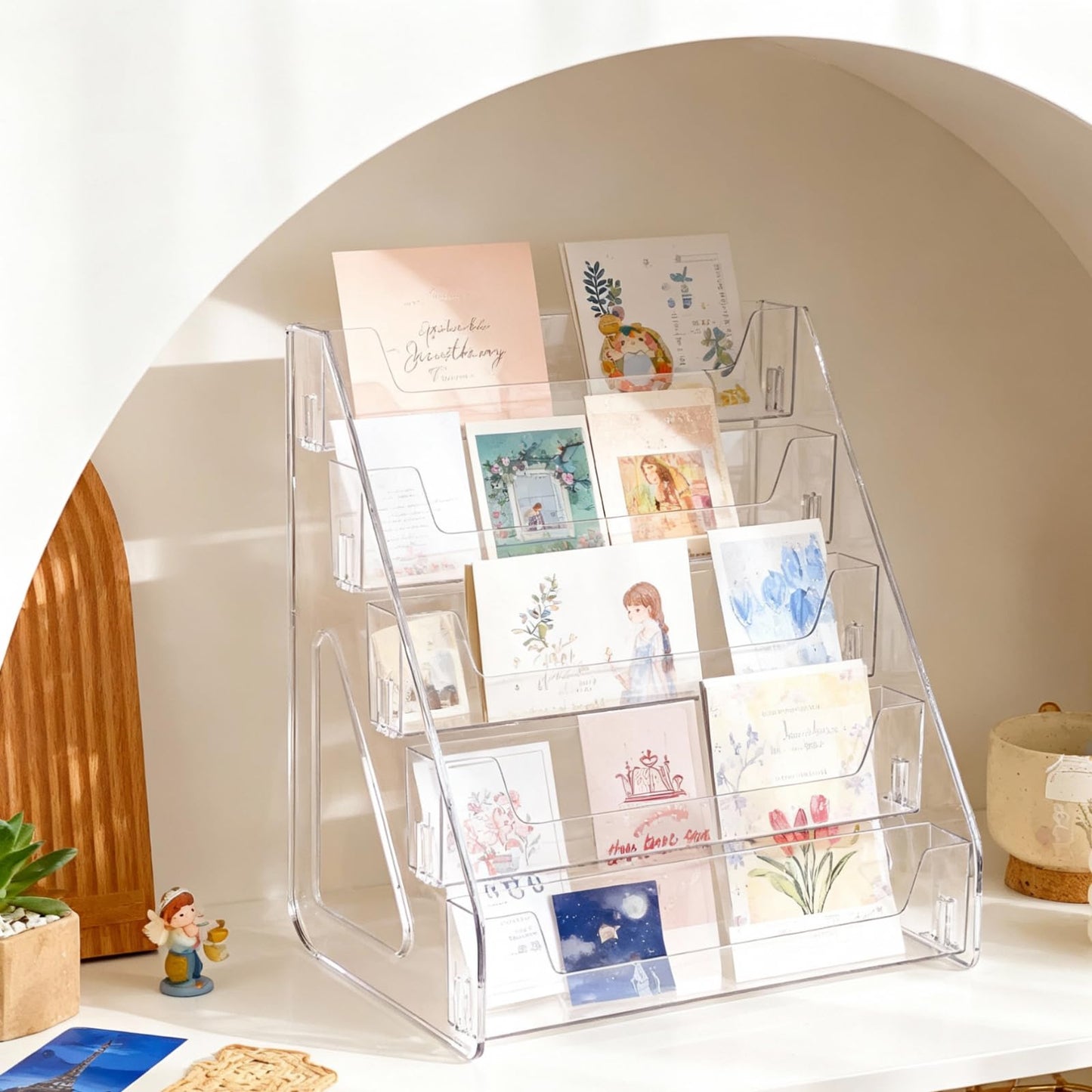 Lirynox Large 5-Tier Trading Card Display Stand, Acrylic Riser Clear Display Shelf with Fences