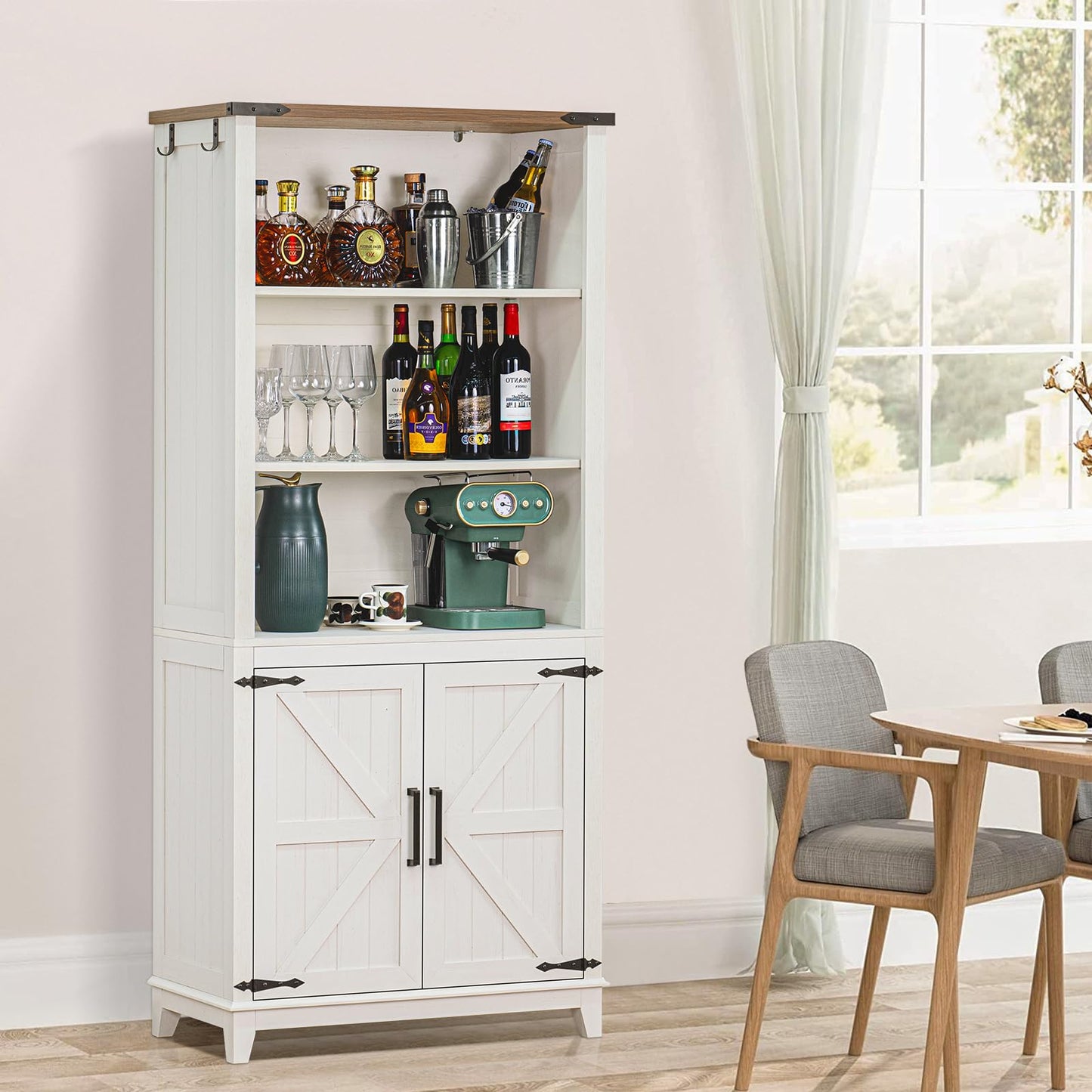 LELELINKY 70in Tall Bookshelf 5 Tier Bookcase with Barn Doors and Adjustable Shelves, White Farmhouse Book Shelf with Storage Cabinet