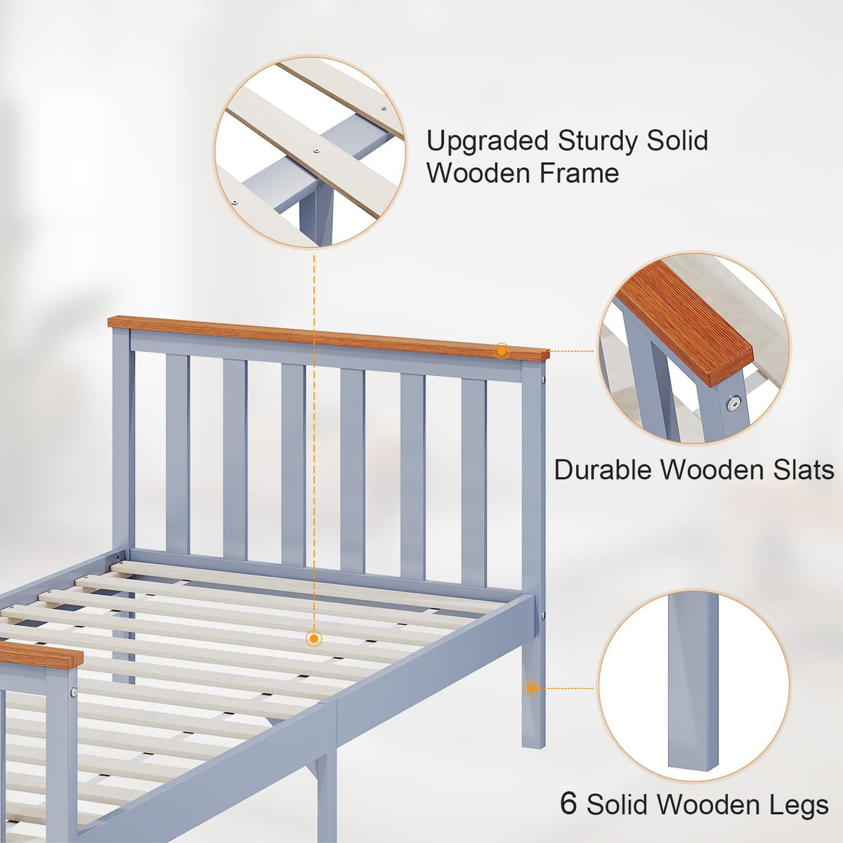 ELEGANT Single Solid Wood Bed Frame with Slatted Headboard 3ft, 90 x 190cm