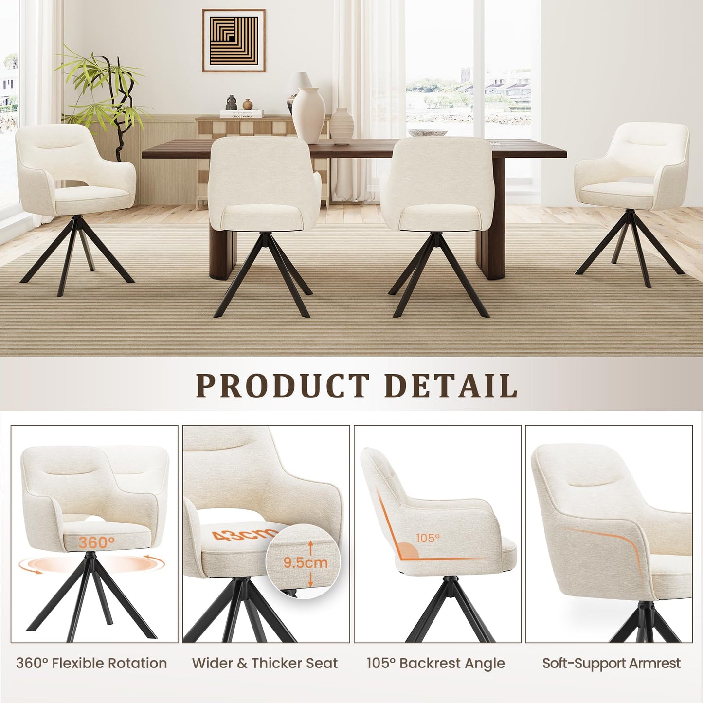 COLAMY 360°Swivel Dining Chairs Set of 4, Fabric Chairs for Dining Room with Armrests, Hollow Backrest and Thick Seat Cushion