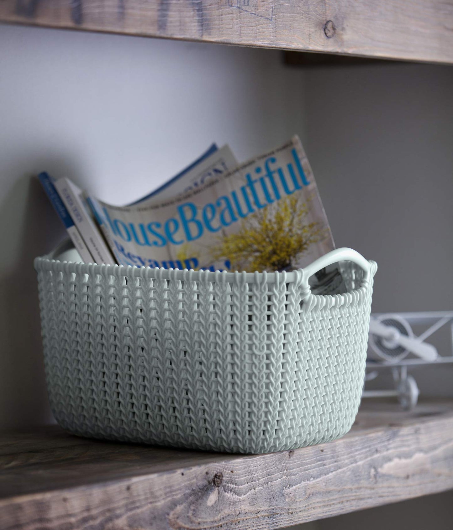 Curver Knit Medium Storage Basket, Stylish Knit Design & Comfortable Handles, 8 Litres, Misty Blue
