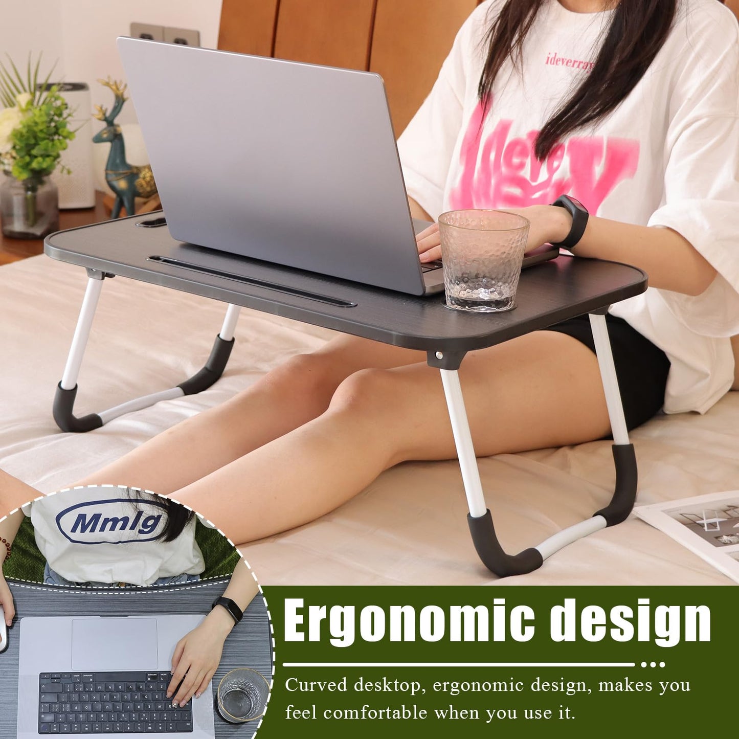 Laptop Desk, Laptop Bed Table with Foldable Legs and Cup Slot Reading Book Holder Notebook Bed Terrace Balcony (Black)