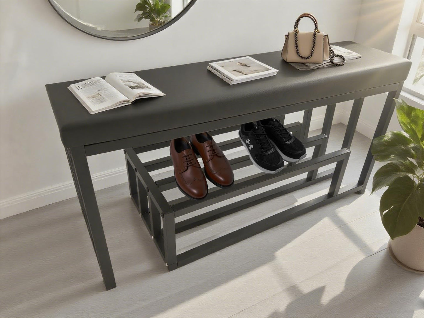 Nonotse Shoe Rack Bench With Seating Area, Metal Black Shoe Rack Hallway Bench With Storage Space For Living Room, Hallway, Entrance Area, 80x30x45cm