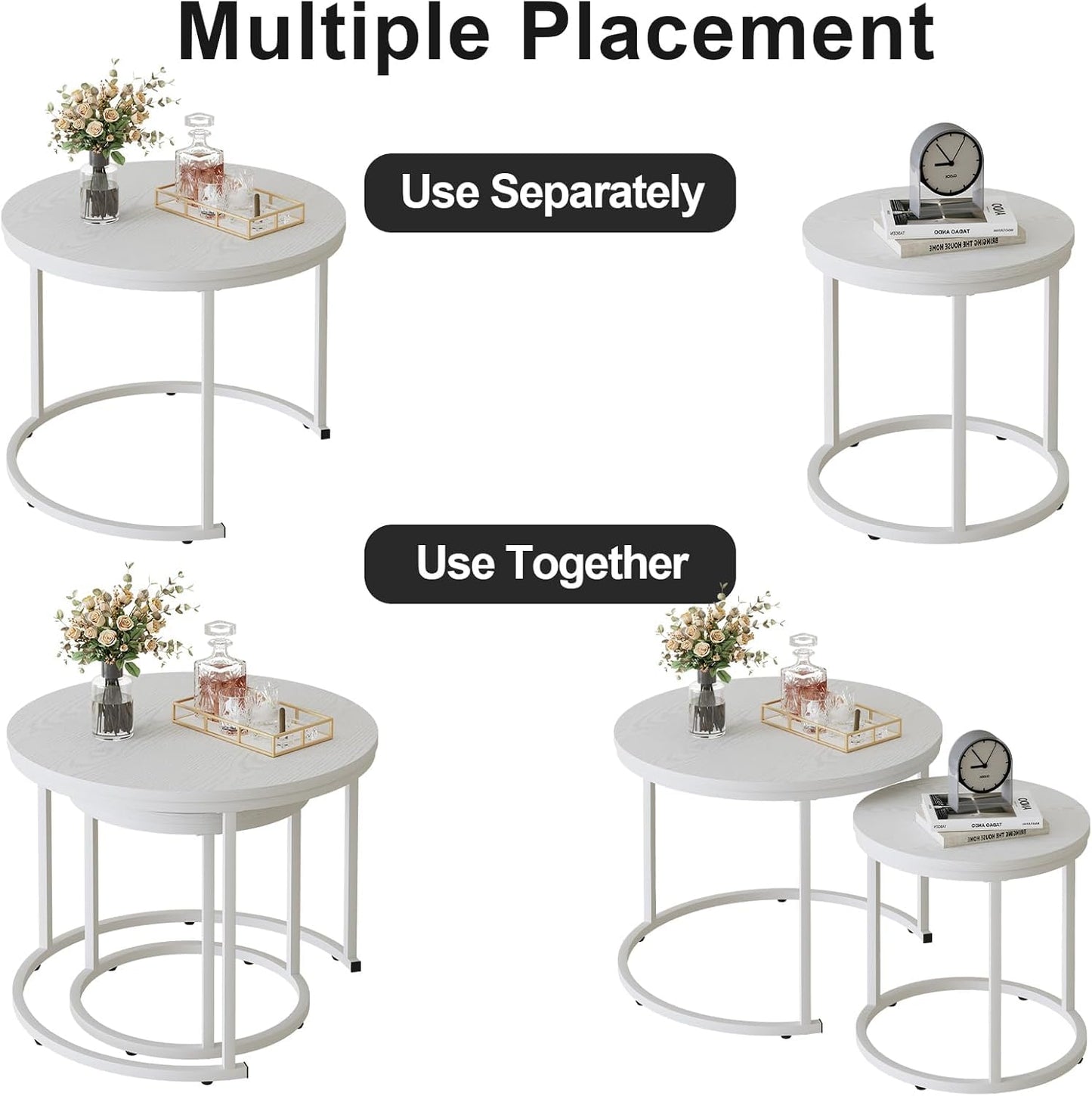 Garden 4 you Round Coffee Table for Living Room,Nest of Tables Set of 2,White Center Tea Table with Metal Frame
