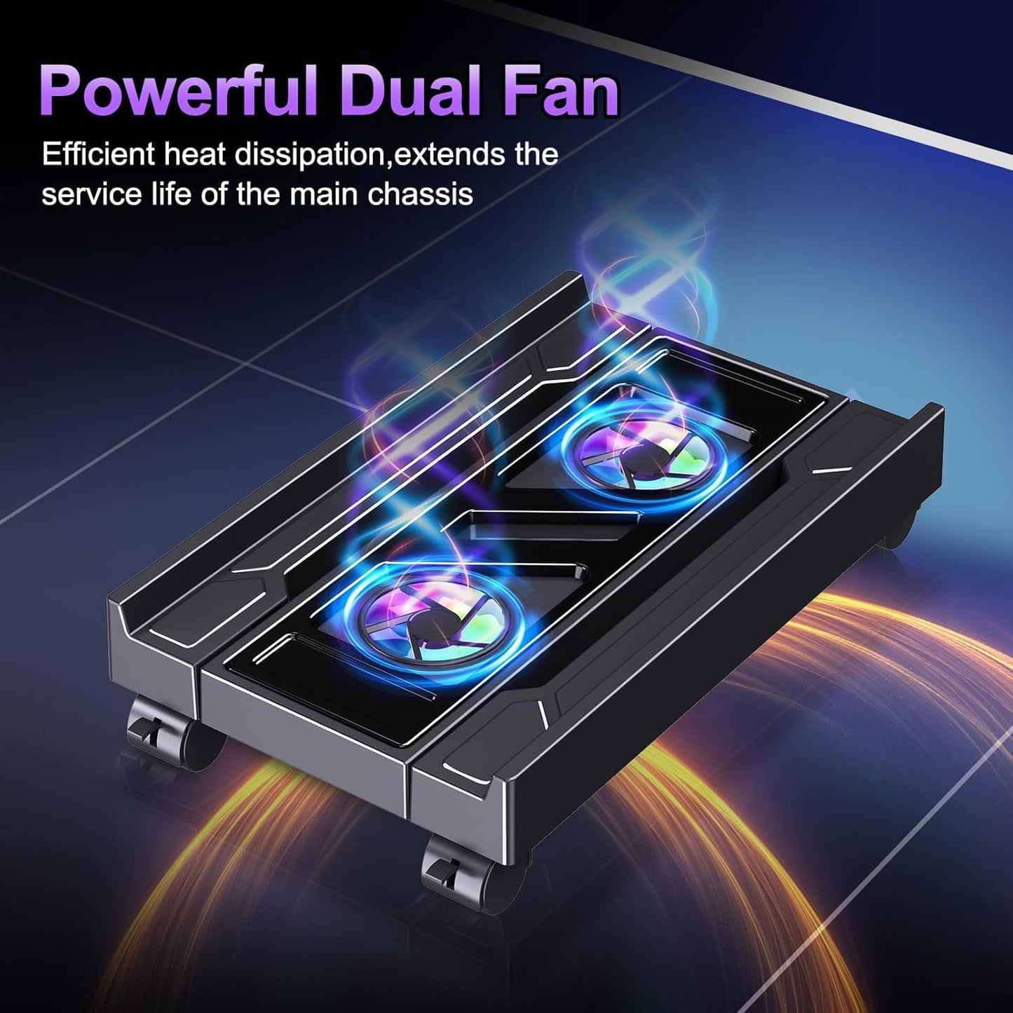 Pc Stand with Fan, Adjustable computer tower stand, Cpu Stand with 4 Rolling Caster Wheels,Fits Most PC Under Desk-Black