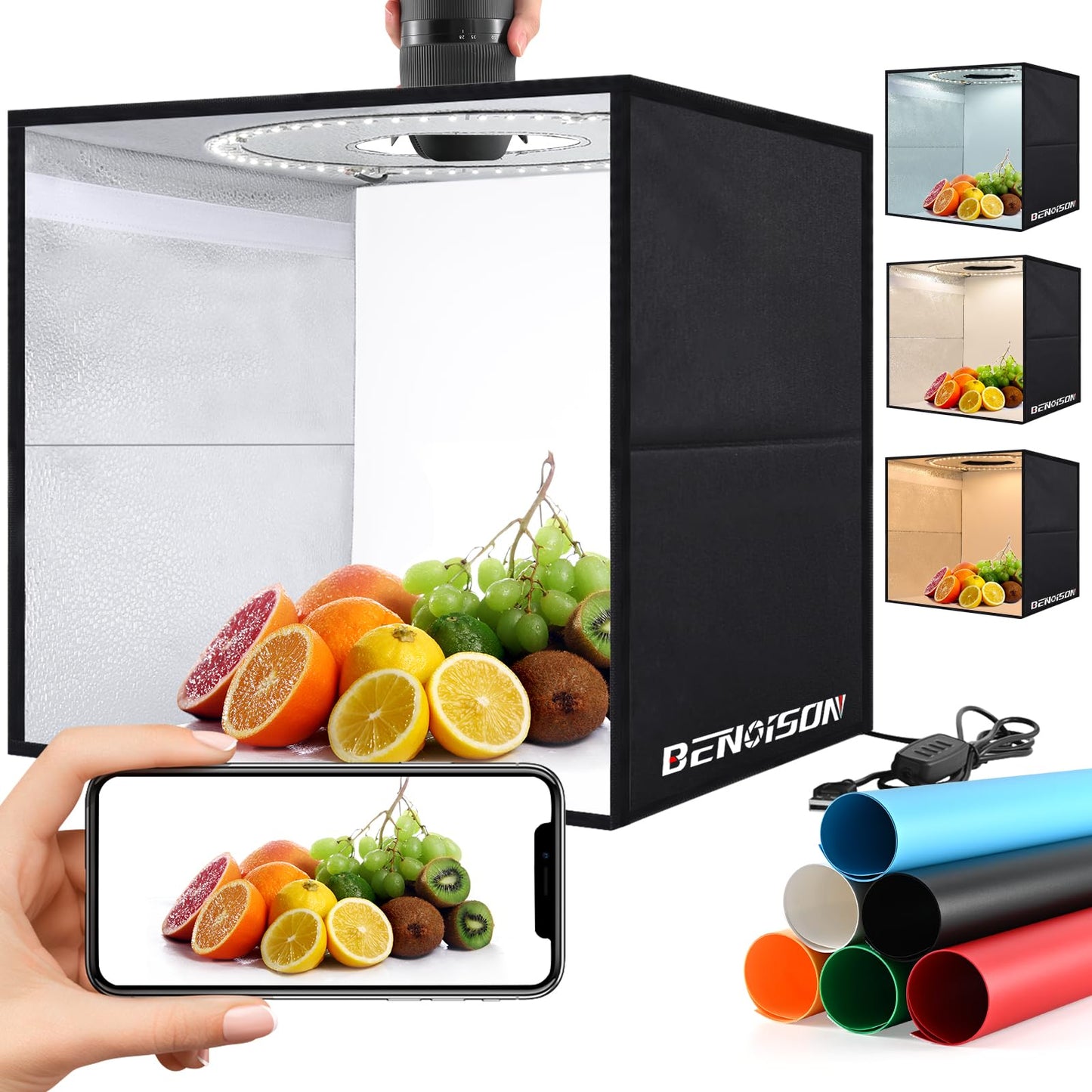 BENOISON Light Box Photography - 40cm (16"x16"x12") Portable Shooting Tent with 120 LEDs & 6 Backdrops for Jewelry Watches Cosmetics Food Photography