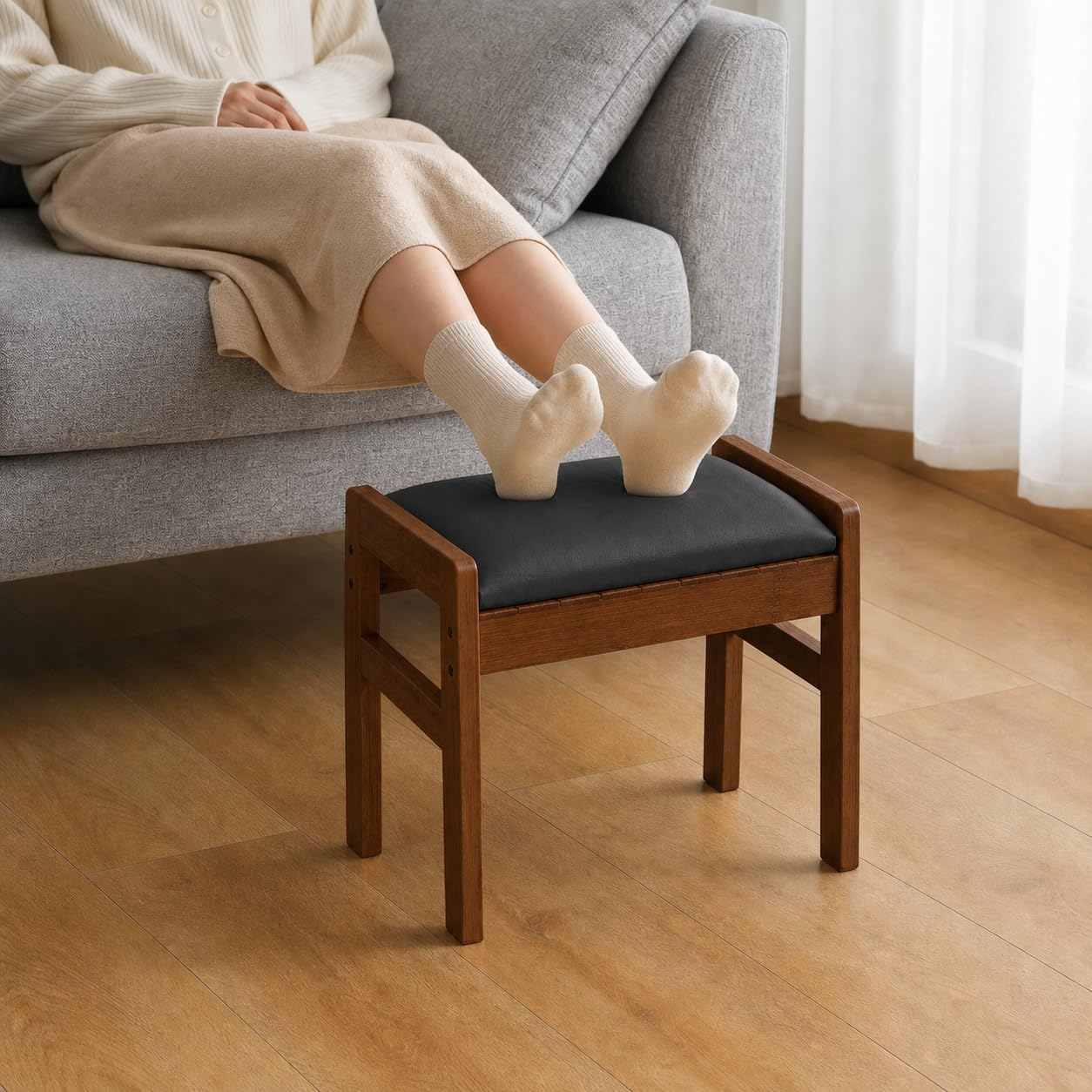 BAMBOOHOMIE Foot Stool Ottoman, Modern Vanity Stool Chair for Makeup with Removable Cushion & Side Handles