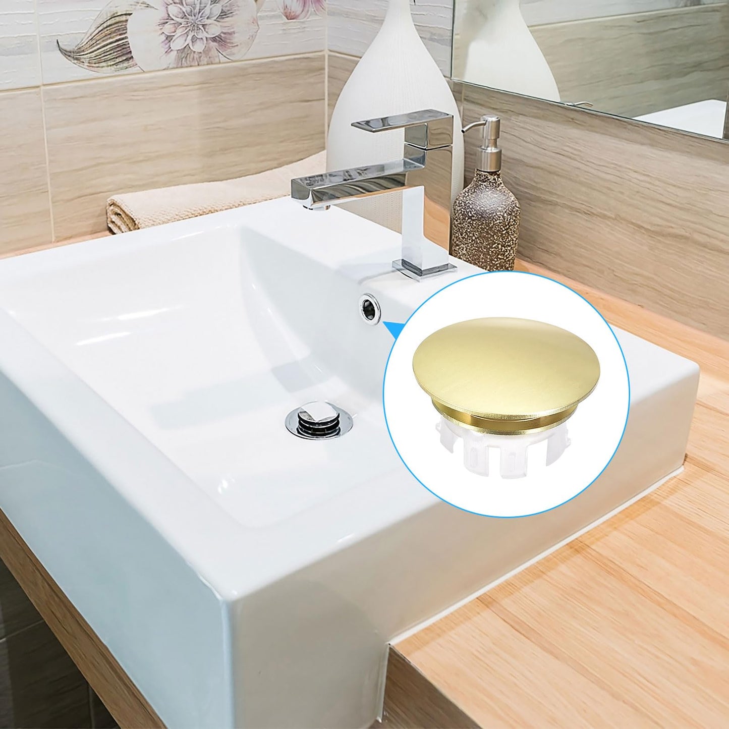 sourcing map Sink Trim Overflow Cover, Sink Overflow Rings Bathroom Kitchen Basin Drain Cover Hole Insert in Round Caps, Gold Tone