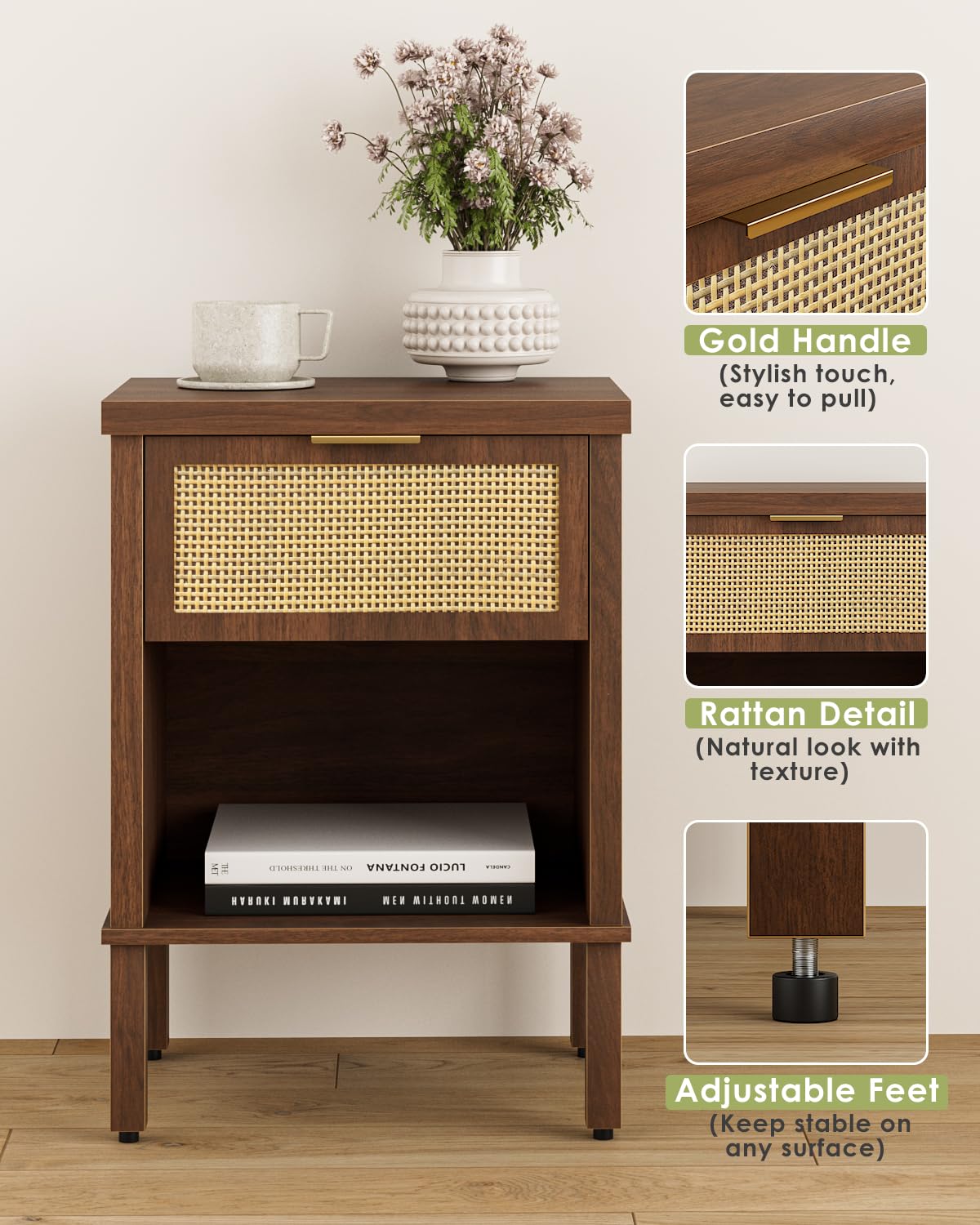 Apetaccat Rattan Bedside Table, Side Table with Open Storage Shelf, Walnut