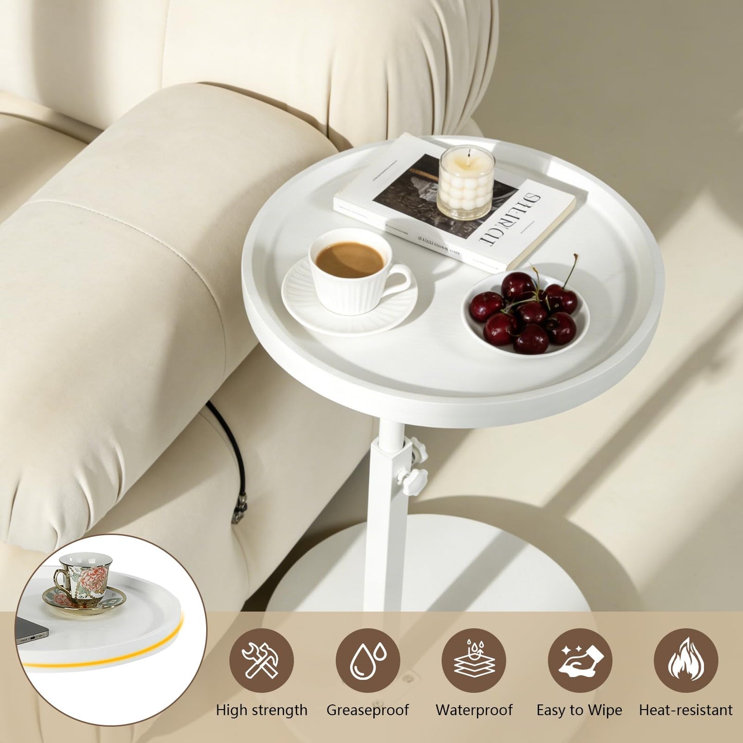 YYW C Shaped End Table Adjustable Height, Couch Tables that Slide Under for Small Spaces, 360°Swivel TV Tray Table