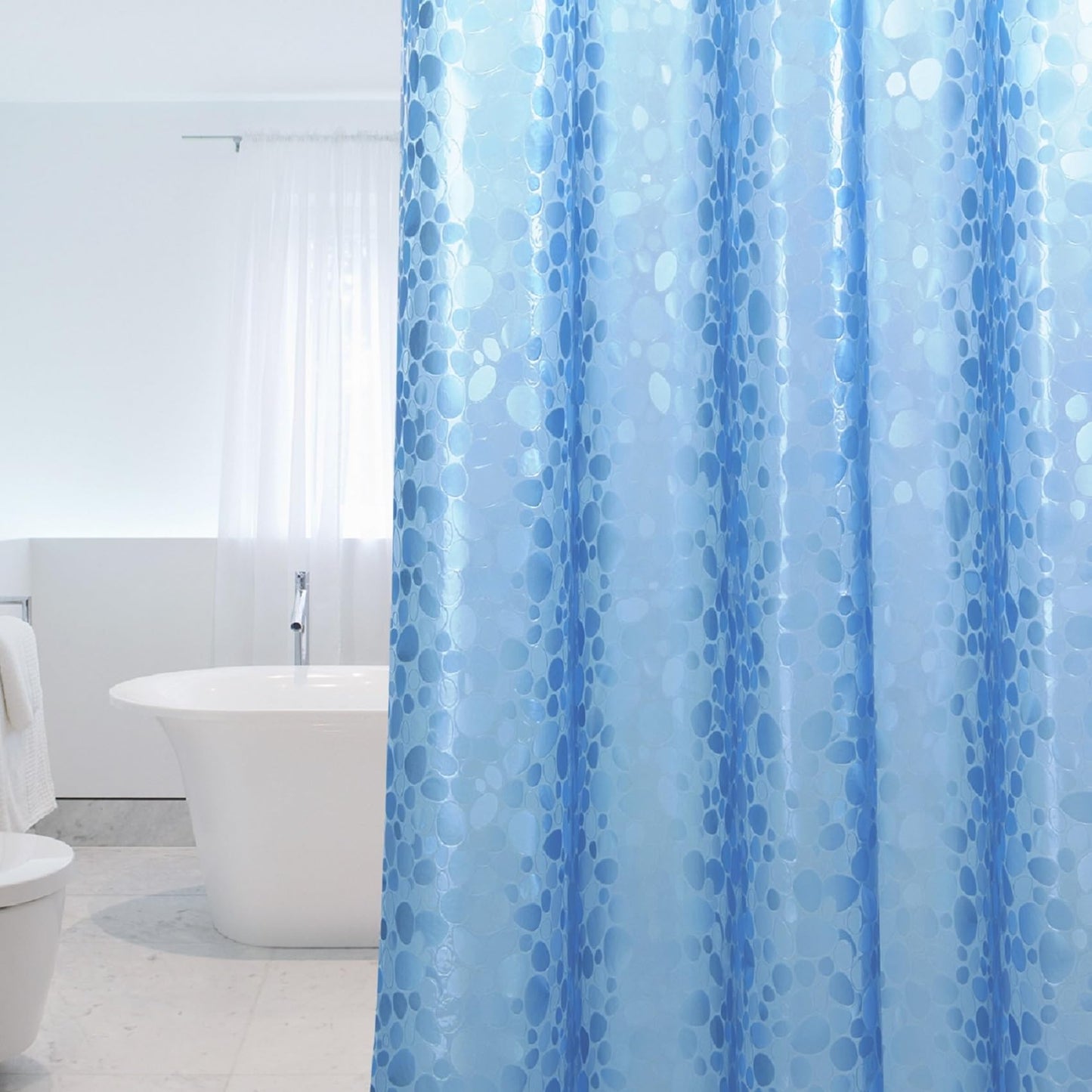 WELTRXE Shower Curtains, Waterproof Shower Curtain Liner, Mould Proof Mildew Resistant, 3D Effect Blue Pebble EVA Bath Curtain with Magnets, Heavy