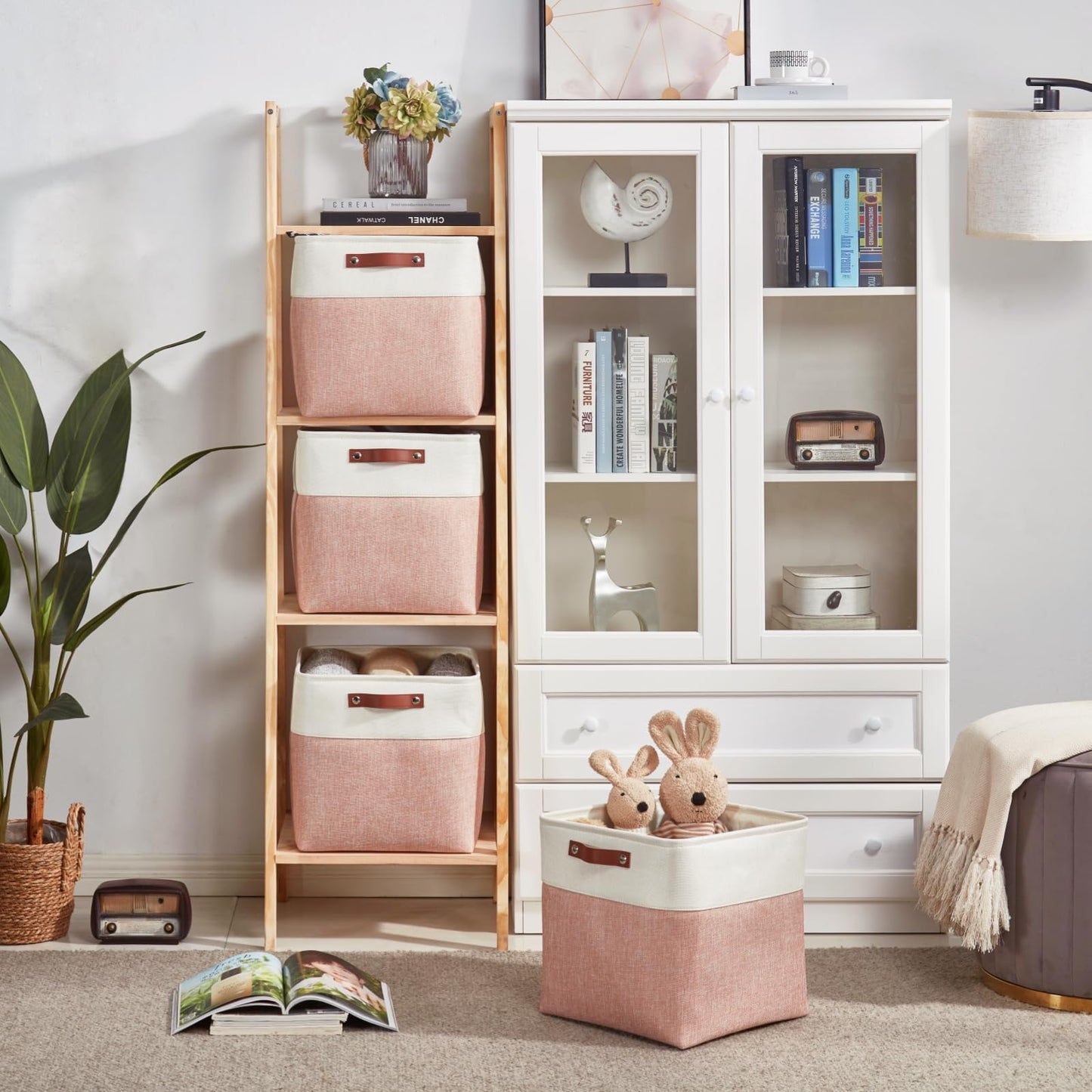 Mangata Collapsible Storage Cube Boxes, 33x38x33CM Linen Woven Fabric Storage Baskets with Leather Handles 3PCS(Pink and White)