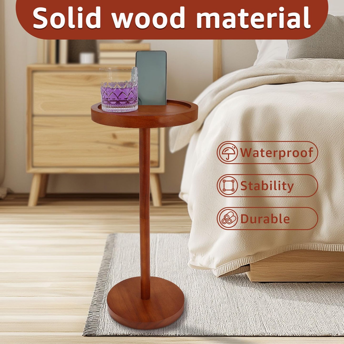Pedestal Side Table Wooden Small Round Coffee Tables with Phone Holder and Weighted Base Enduring Pedestal End Table Snack Desk for Small Spaces