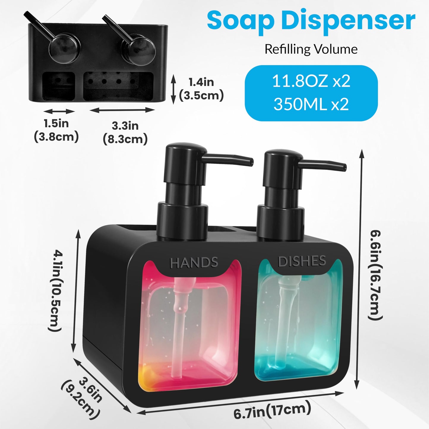 4-in-1 Kitchen Soap Dispenser Set - Dual Hand & Dish Soap Dispenser with Sponge Caddy & Brush Holder - Kitchen Sink Organizer for Countertop (Black)