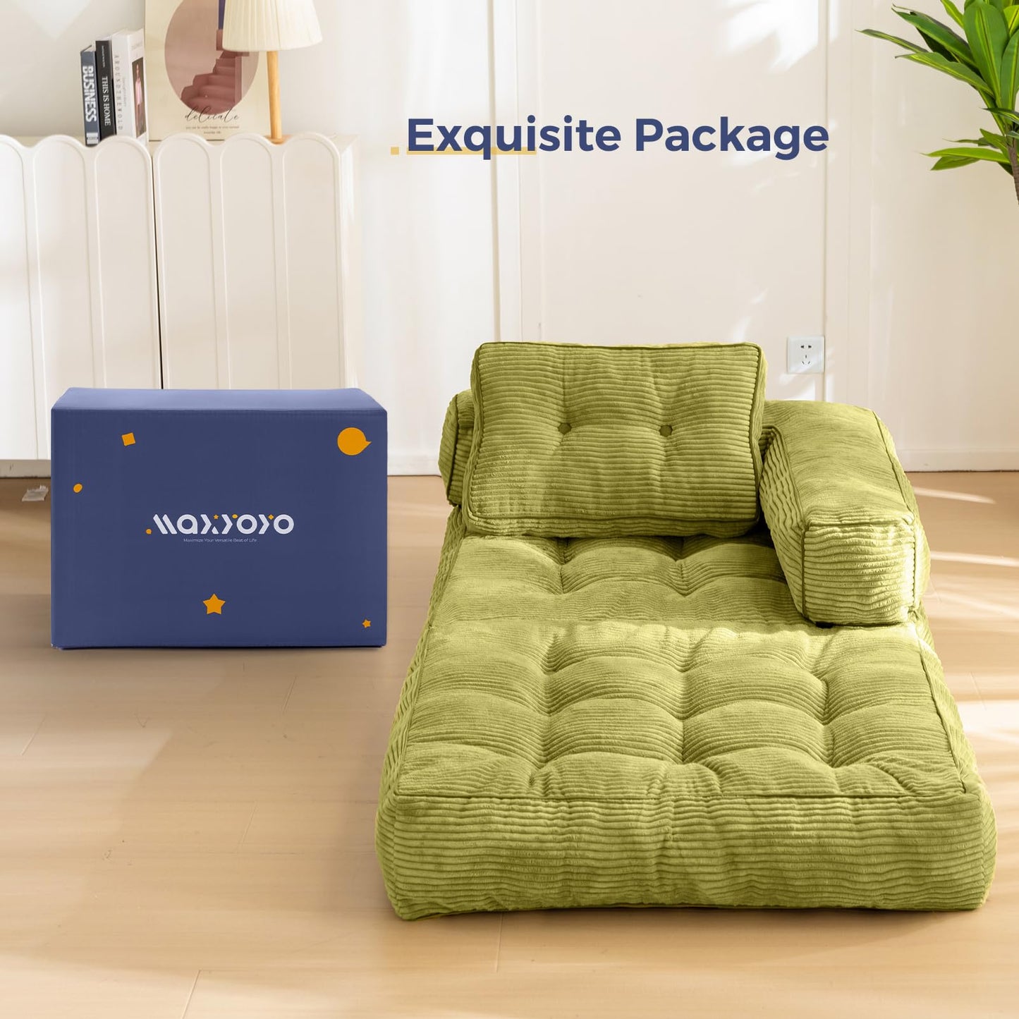 MAXYOYO Foldable Sofa Bed,Bean Bag Couch Convertible Sleeper Chair with Armrest L-Shaped Floor Lounge Sofa with Pillow Portable Lounge Seat for