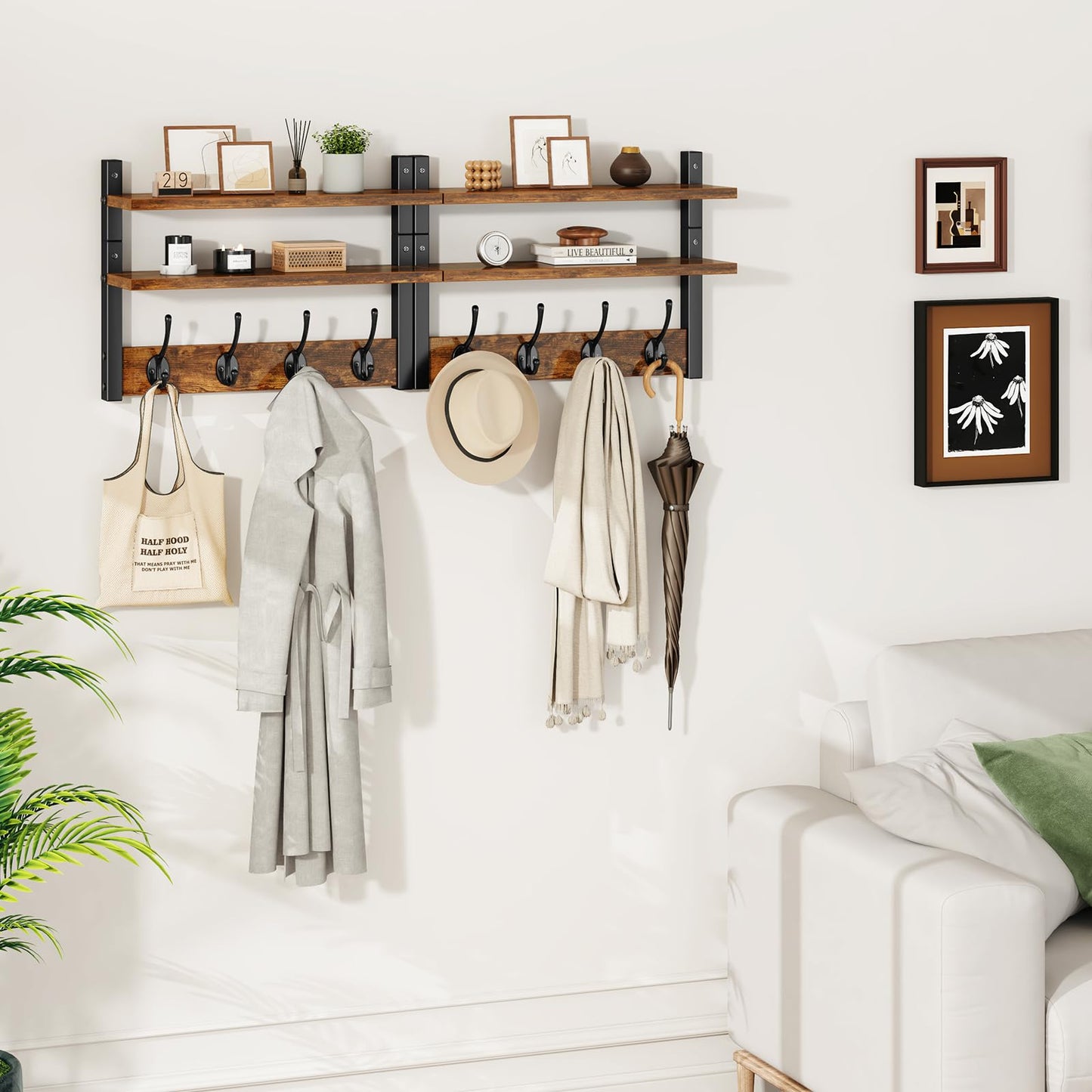 YMYNY 2-Tier Coat Hooks Wall Mounted with Shelf, Rustic Brown HWS009H-2
