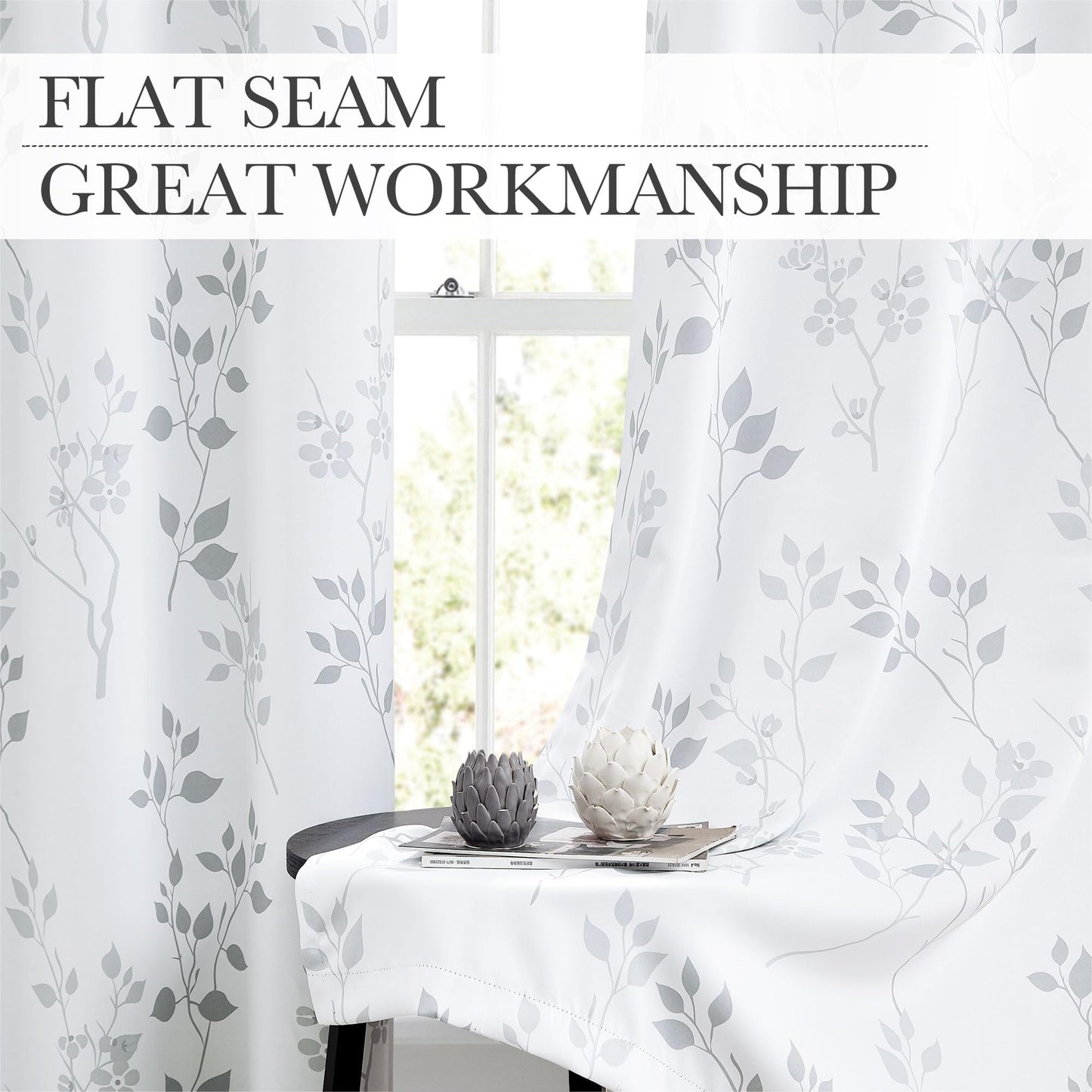 Beauoop Grey Floral Blackout Curtains for Living Room Bedroom 90 Inch Drop Leaf Print Eyelet Curtain Botanical Thermal Insulated Noise Reducing Drapes