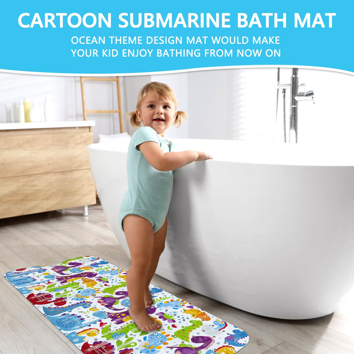 Capslpad Bathtub Mat Non Slip Anti Mould 40x100 cm Cartoon Dinosaurs Bath Mats Extra Large Soft Bath Seat Mat with Suction Cups & Drain Holes Machine