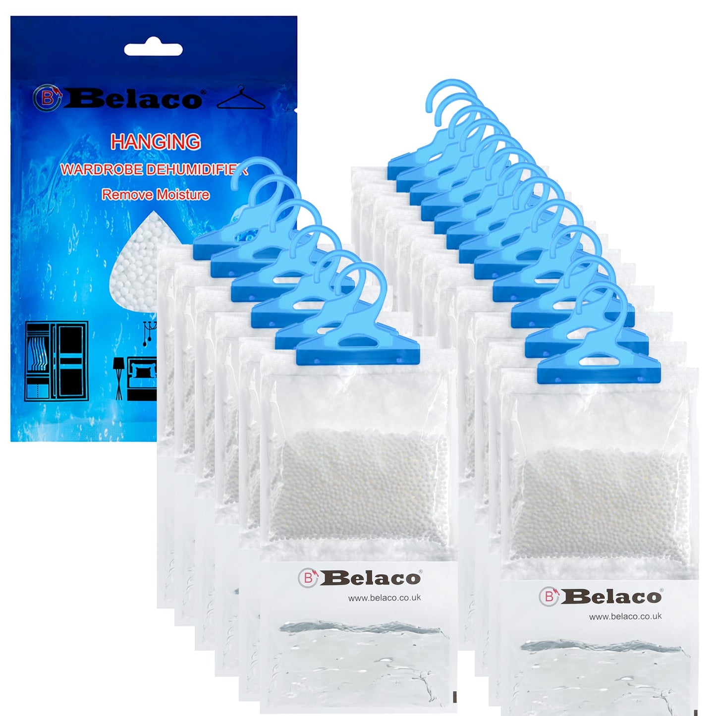 Belaco Set of 18 Hanging Dehumidifier, 230g Moisture Absorber, Dehumidifier for home, Ideal to eliminate damp & Condensation Bedroom, Wardrobe,
