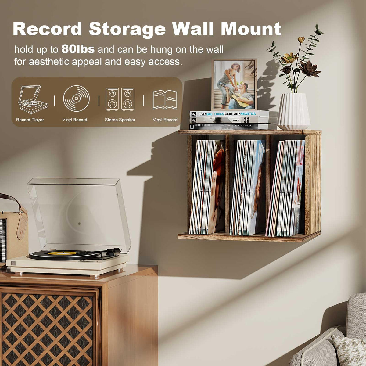 Emfogoo Vinyl Record Storage Wall Mounted Holds 100 LP Albums, 3-Tier Organizer Cabinet with Wall Mount