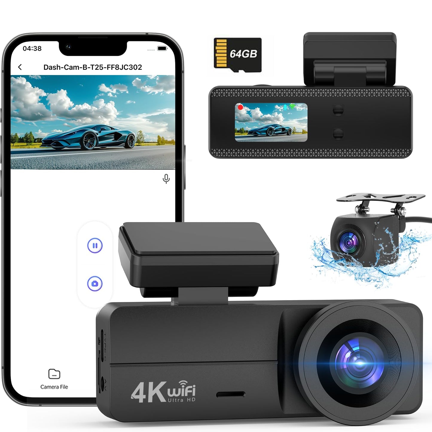 DYNACAM Dash Cam Front and Rear 4K+1080P, Dash Cam Inserted 64GB SD Card, Built-in WiFi Dash Camera for Cars, Super Night Vision Dashcam, 24H Parking