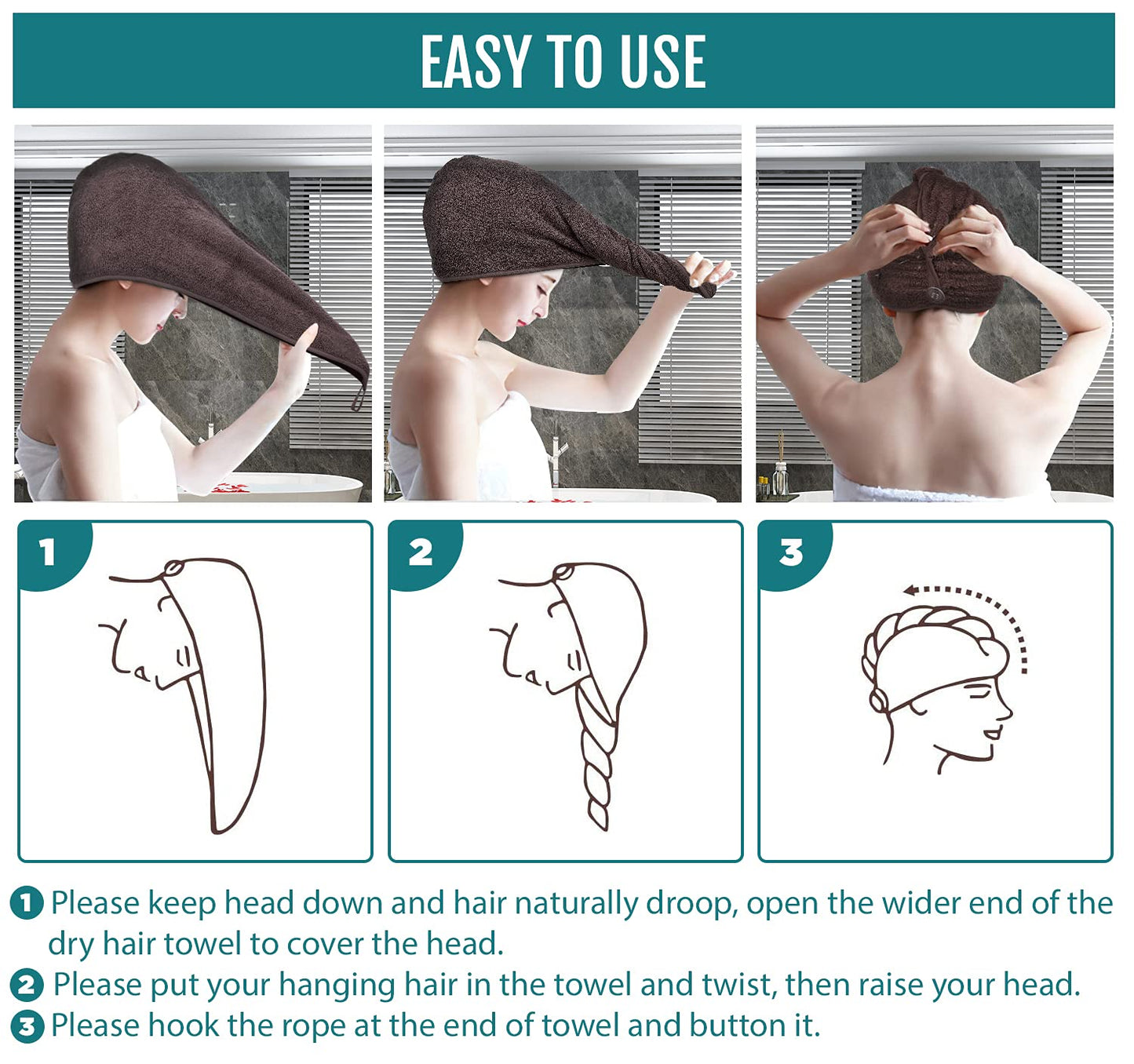 LUXURY Hair Towel Wrap 100% Cotton, Instant Drying Lightweight Turban Cap Super Quick Absorbent Anti-Frizz Twist Toweling Dry Hat with Button Loop