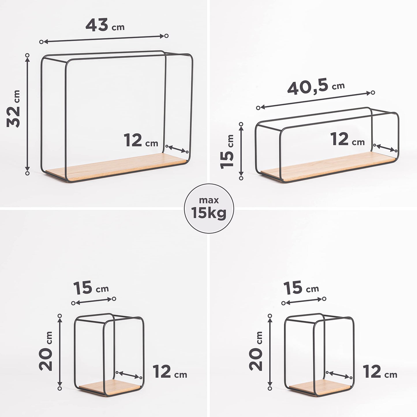 Kazai. Wall Shelves -Jona- | 4-Part Shelving Unit made of Metal and Real Wood Veneer | Wall Decor, Storage and Book Shelf for Bathroom, Living Room
