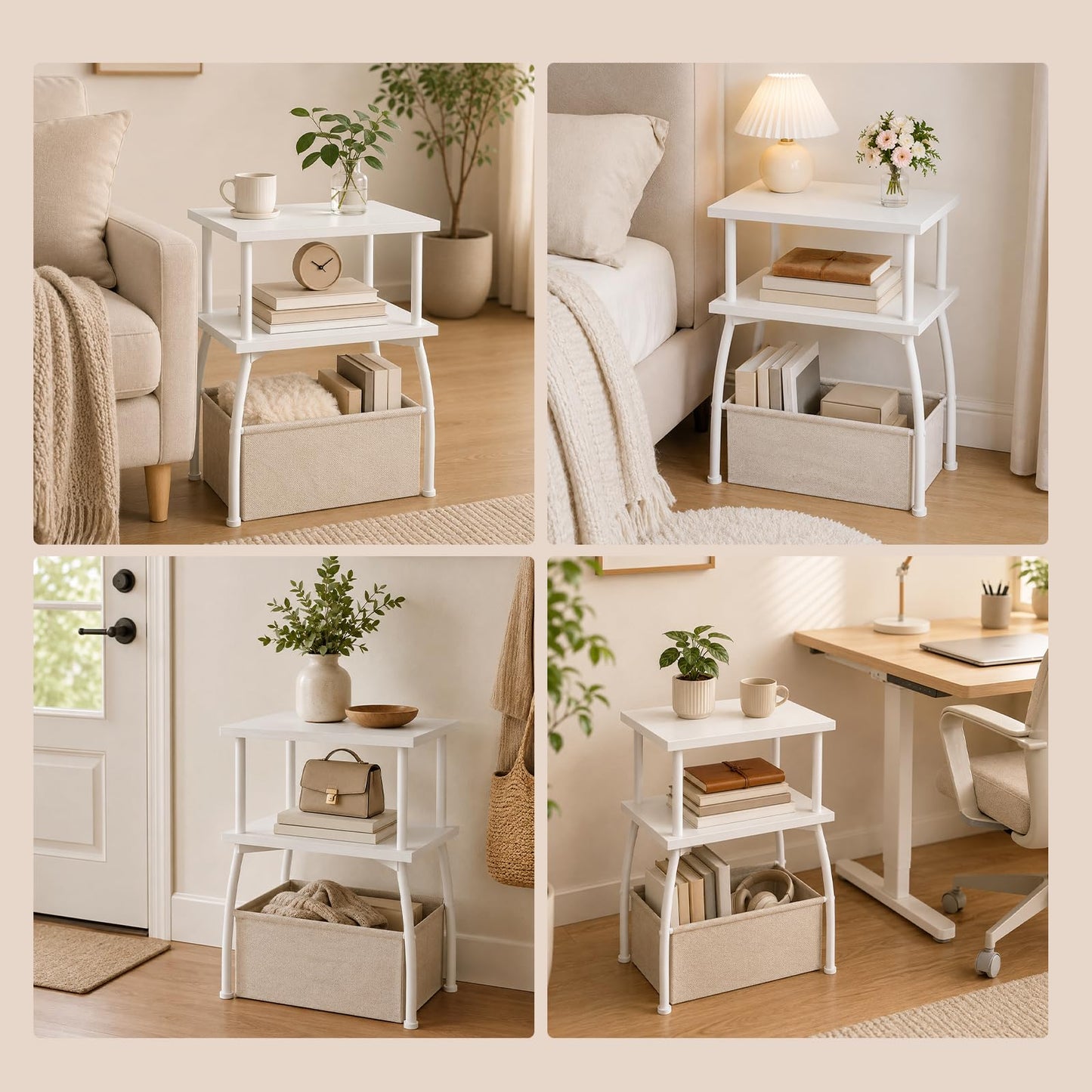 HOOBRO Narrow Side Table, 3-Tier Small Table with Linen Storage Basket, Sofa Side Tables for Small Space