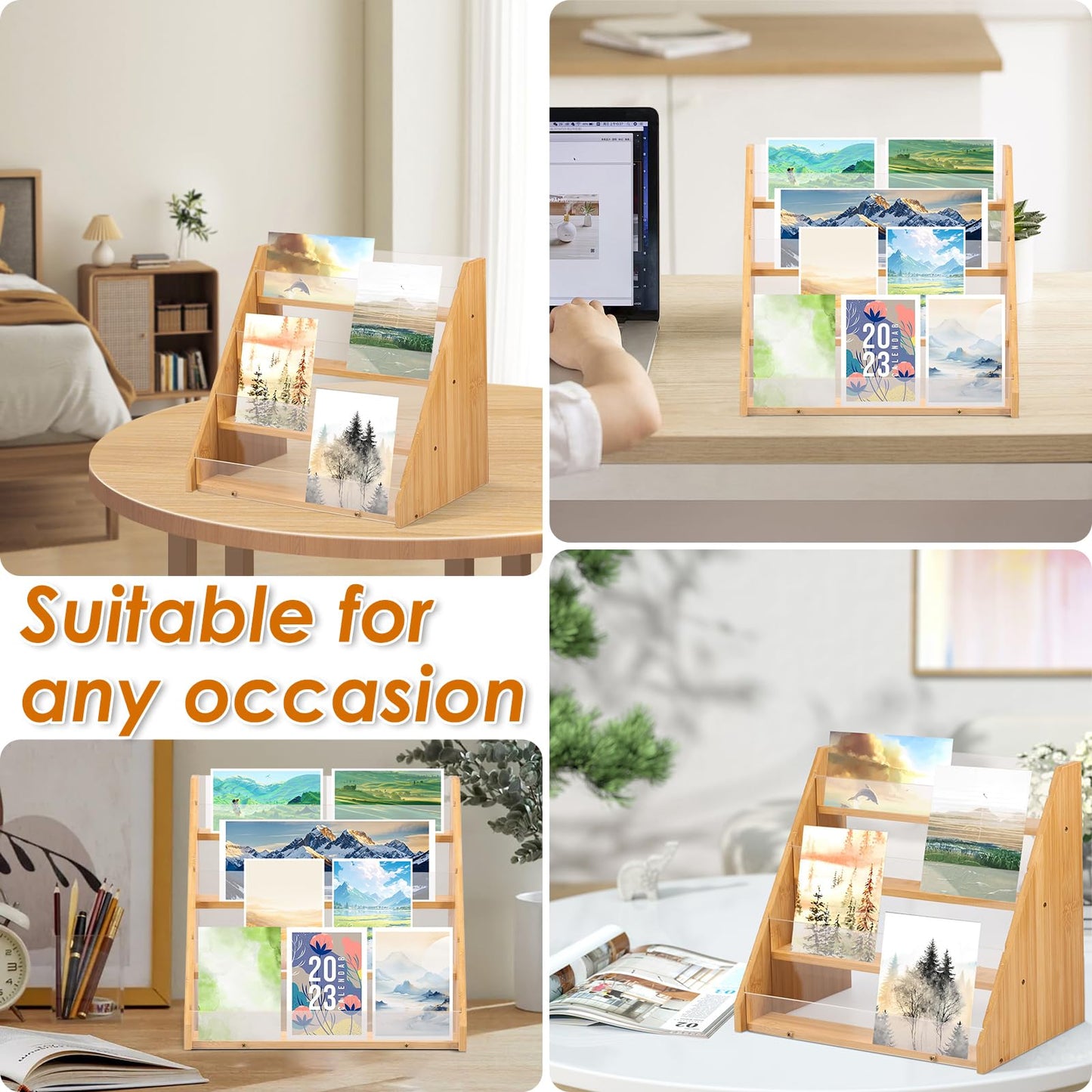 HAIJED Card Display Stand 4 Tier Greeting Card Display Bamboo and Acrylic Card Stand Display Stand for Craft Fairs Multifunctional Card Display Rack