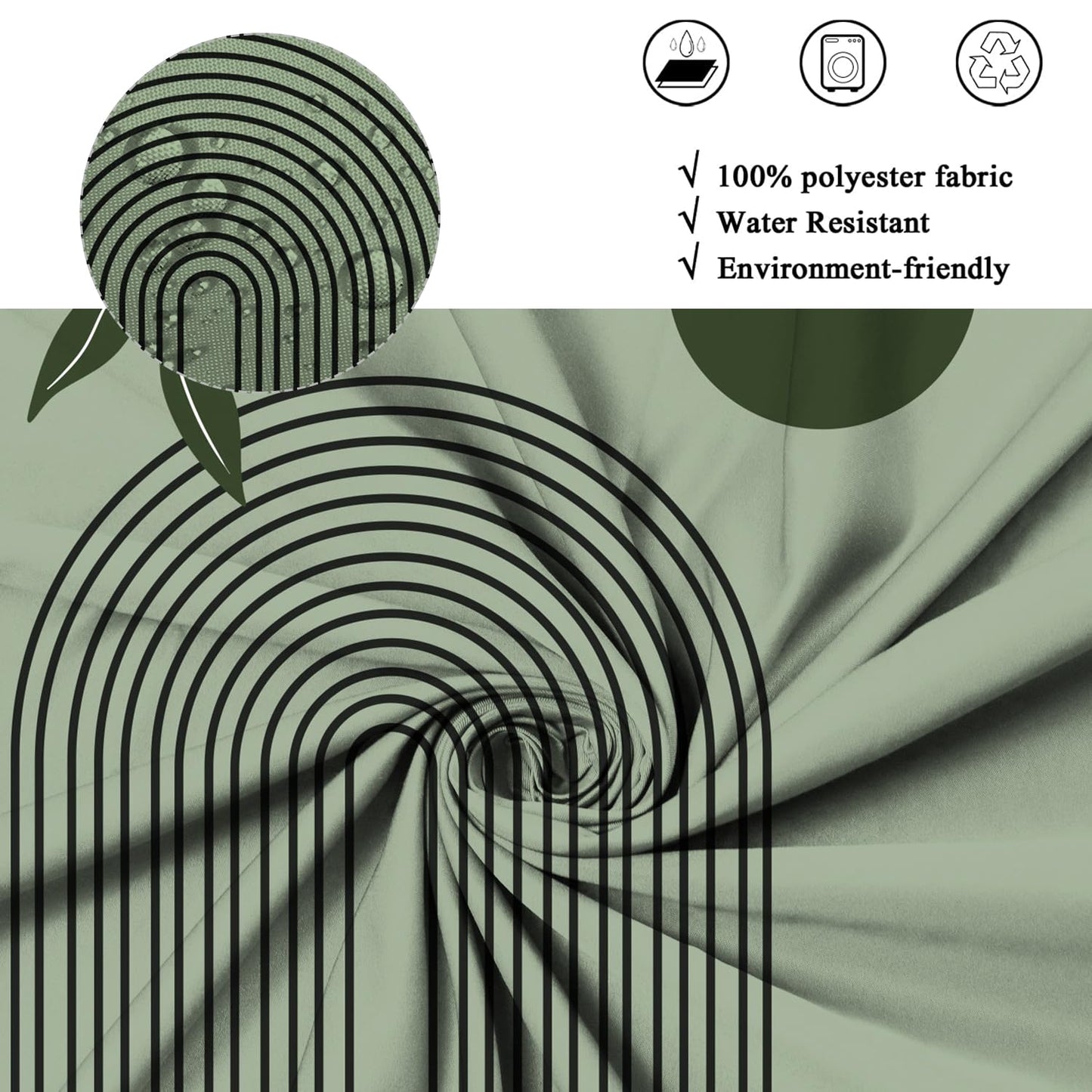 ASDCXZ Boho Shower Curtain 180x180 cm, Modern Abstract Art Green Leaves Sun Line Sage Green Bath Washable Shower Curtains Polyester Textile