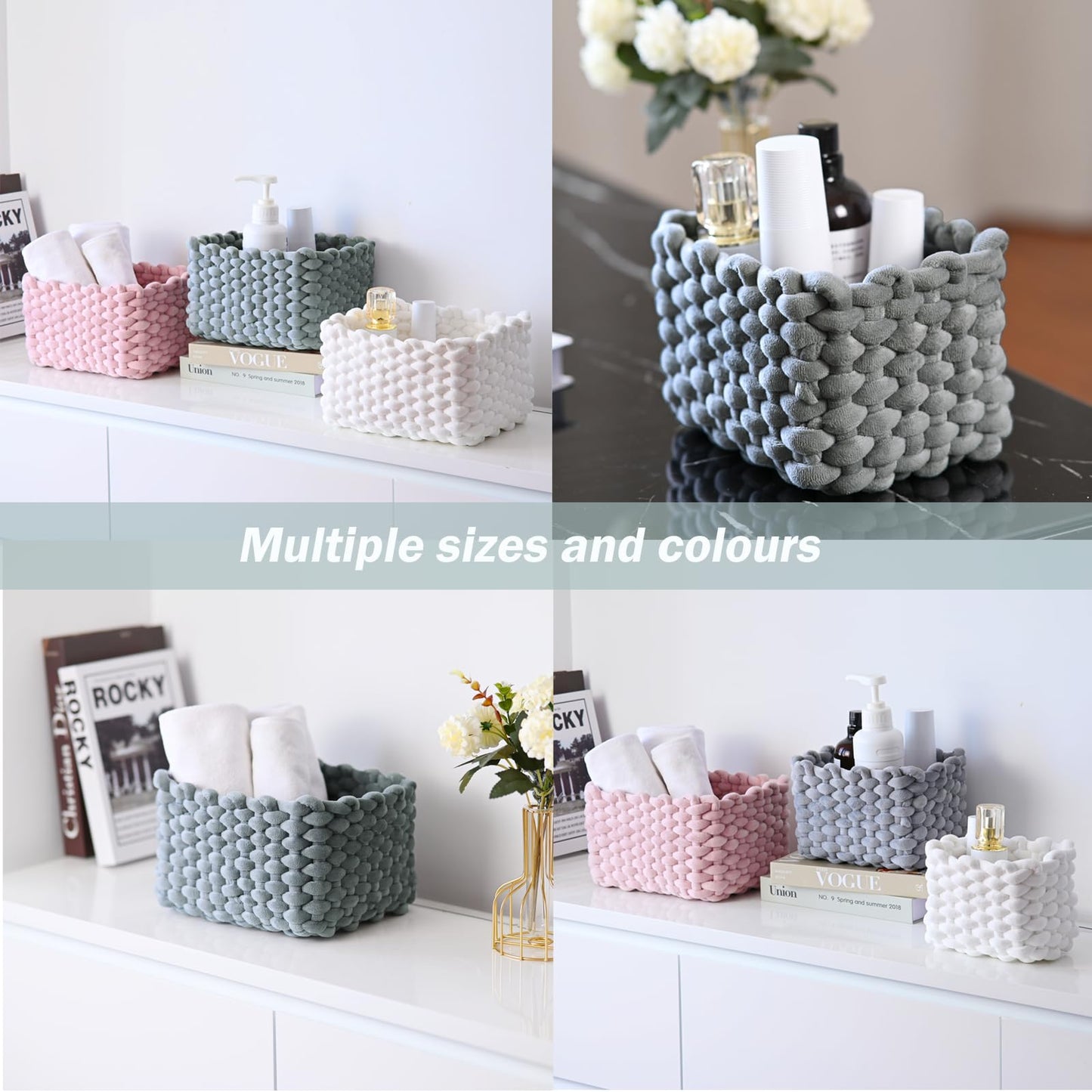hand-knitted velvet rope storage basket set of 3 - soft cotton rope desktop cosmetics organizer box - nesting multi-functional storage basket